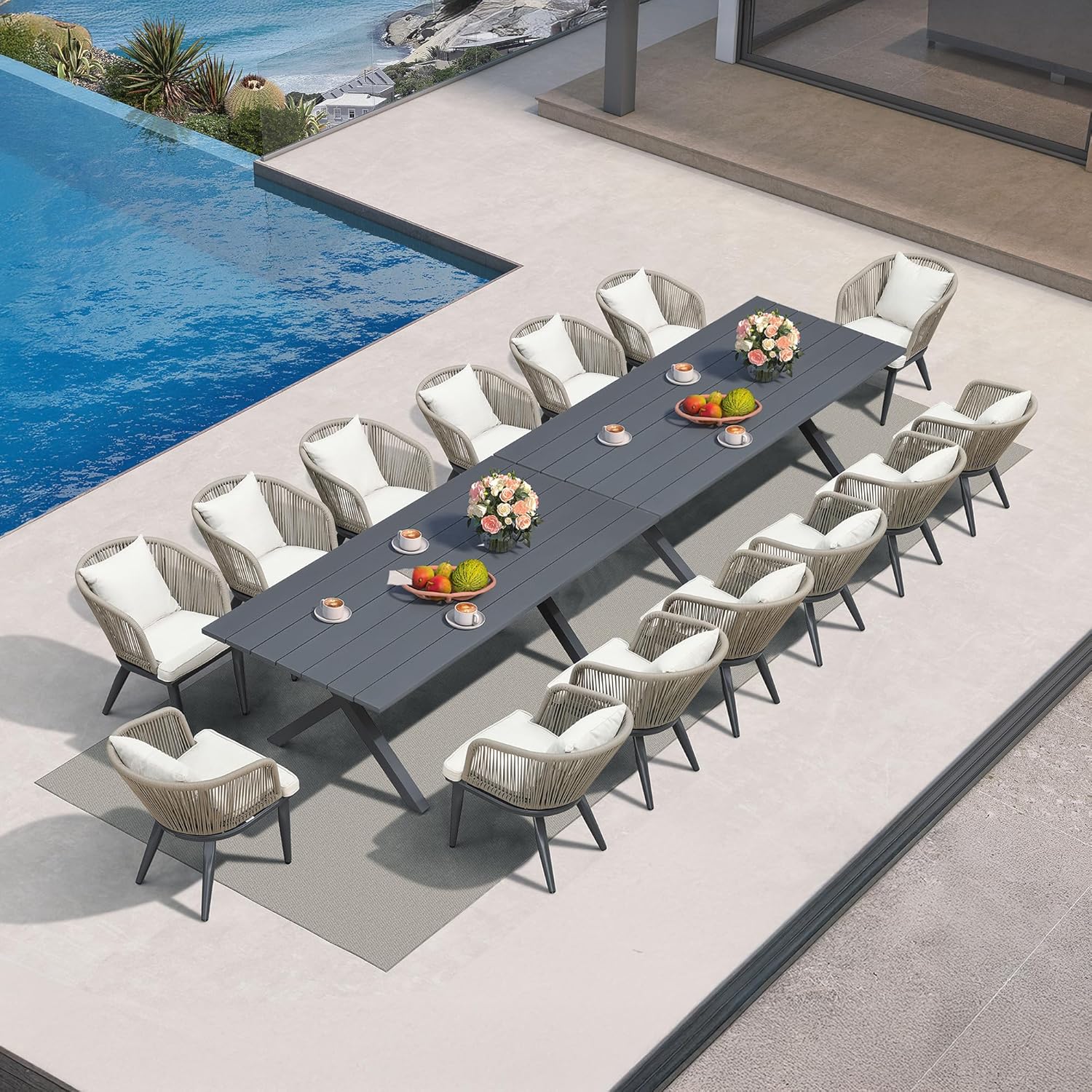 PURPLE LEAF 9 Pieces Patio Dining Set Wicker Outdoor Furniture Rectangular Table and Chairs Set for Garden Deck Teak-Finish Aluminum Frame Backyard Kitchen Set, Cushions and Pillows Included