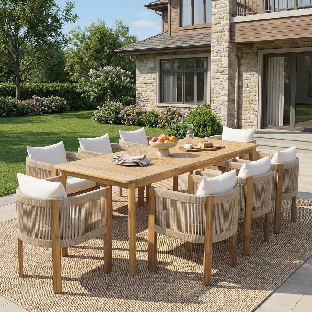 Christopher Knight Home Matera 9-Piece Acacia Wood Outdoor Dining Set for 8, Light Teak Frame with Beige Removable Cushions