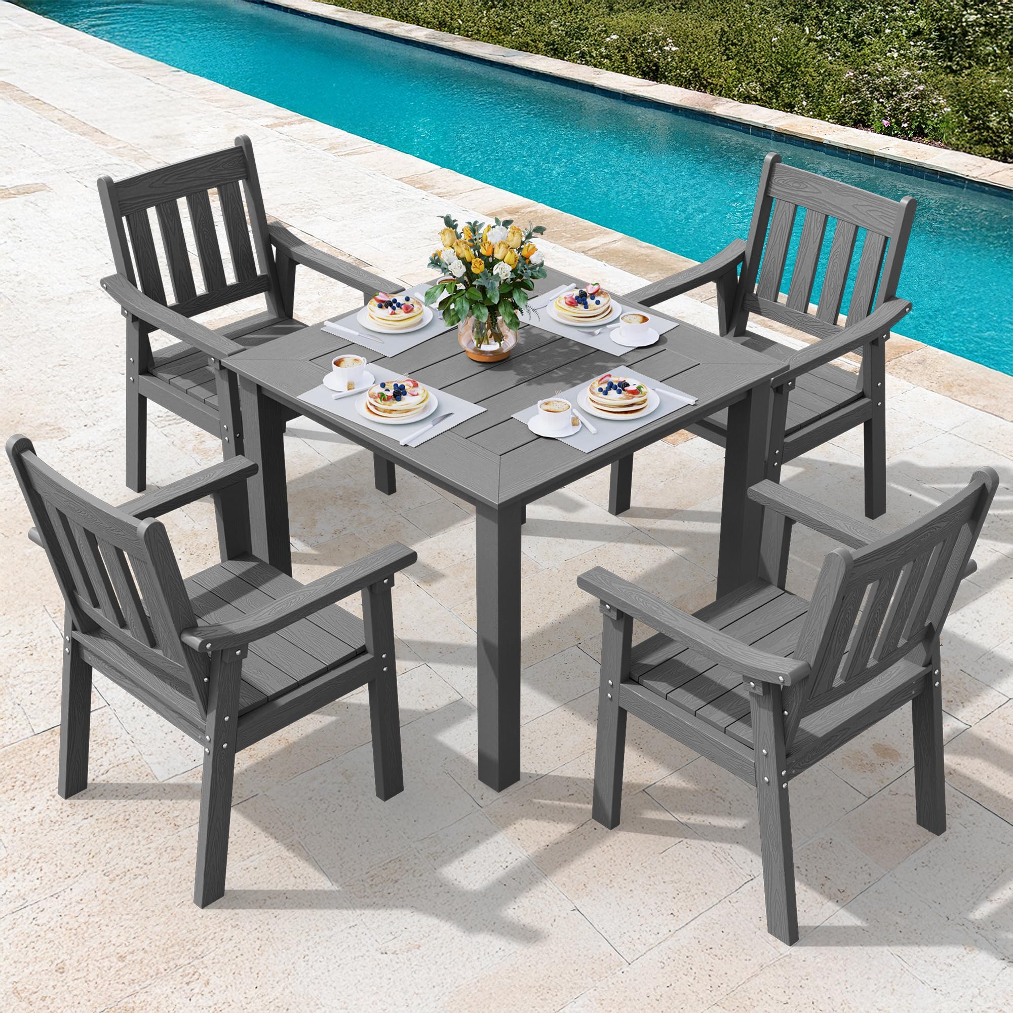 YEFU HIPS Patio Table Set: 7 Piece Outdoor Table and Chairs Dining Furniture Set with Umbrella Hole - Teak Modern Plastic Dining Sets 6 Person for Outside Deck with Metal Aluminum Frame