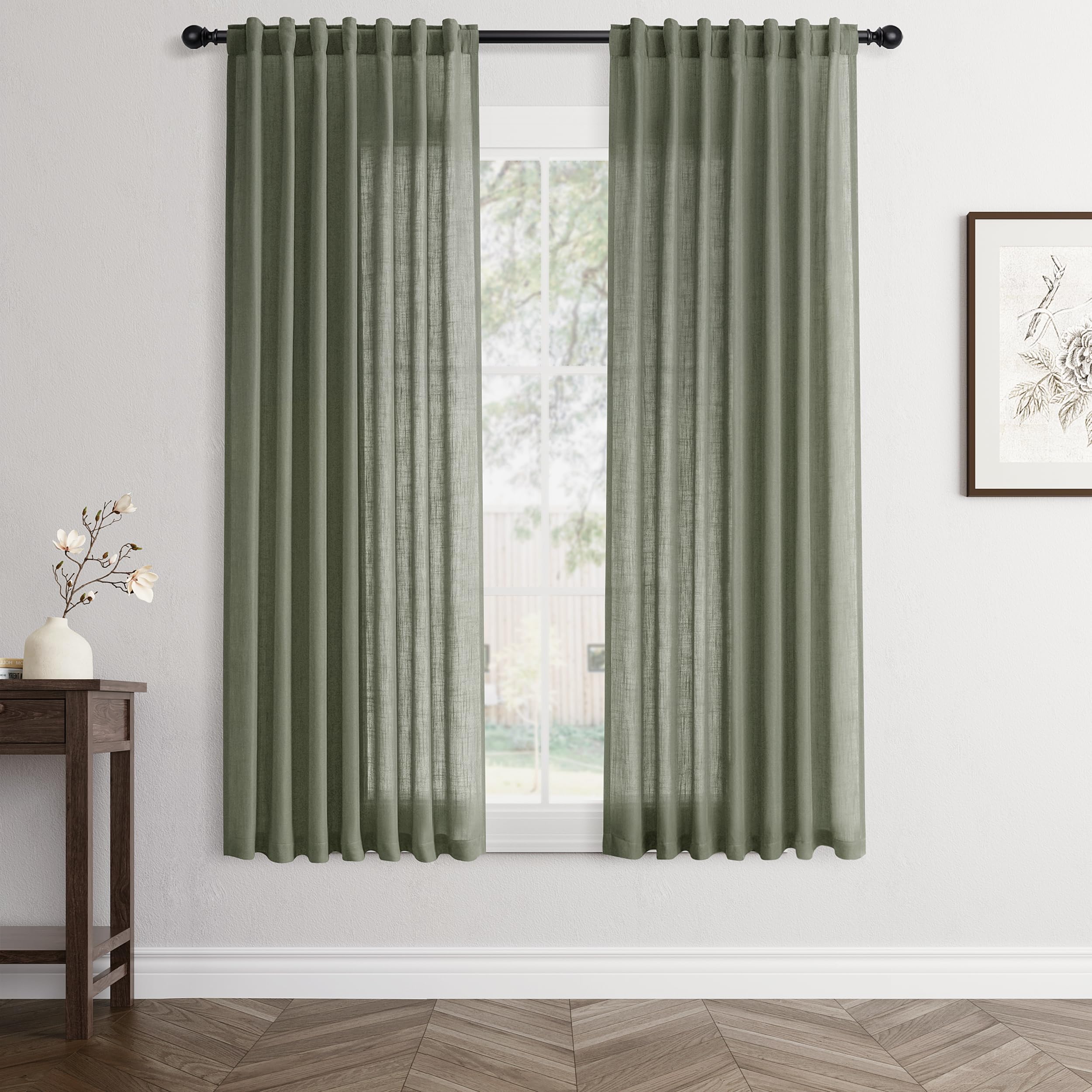 Flax Linen Beige Curtains 96 inches Long 2 Panel for Living Room Back Tab Pocket Drapes Semi Sheer Privacy Khaki Window Curtain Country Rustic Farmhouse Cloth Curtain for Dinning Room Tan