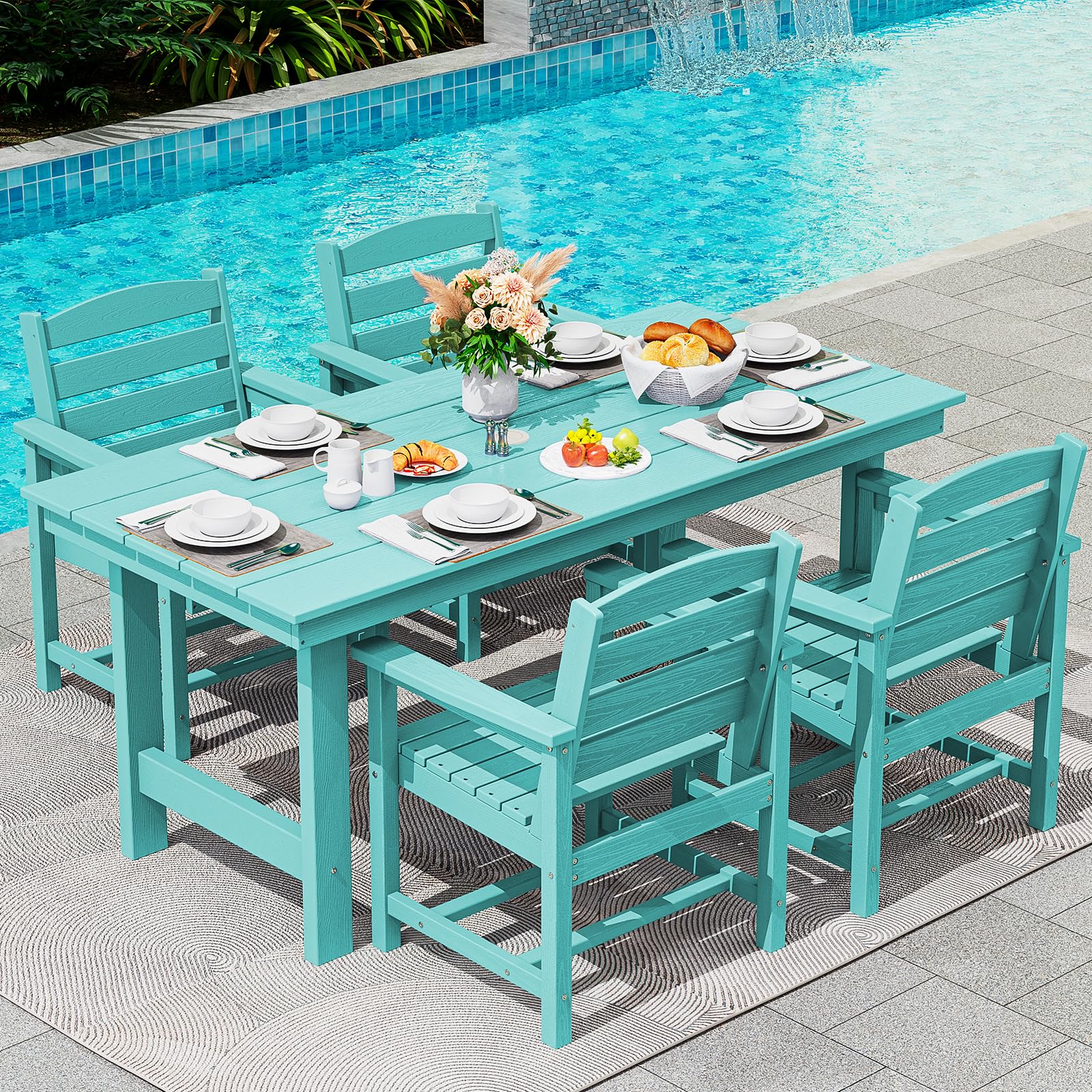 SERWALL Patio Dining Sets for 6 Person, HDPE Dining Set with 6 Armless Chairs, Black