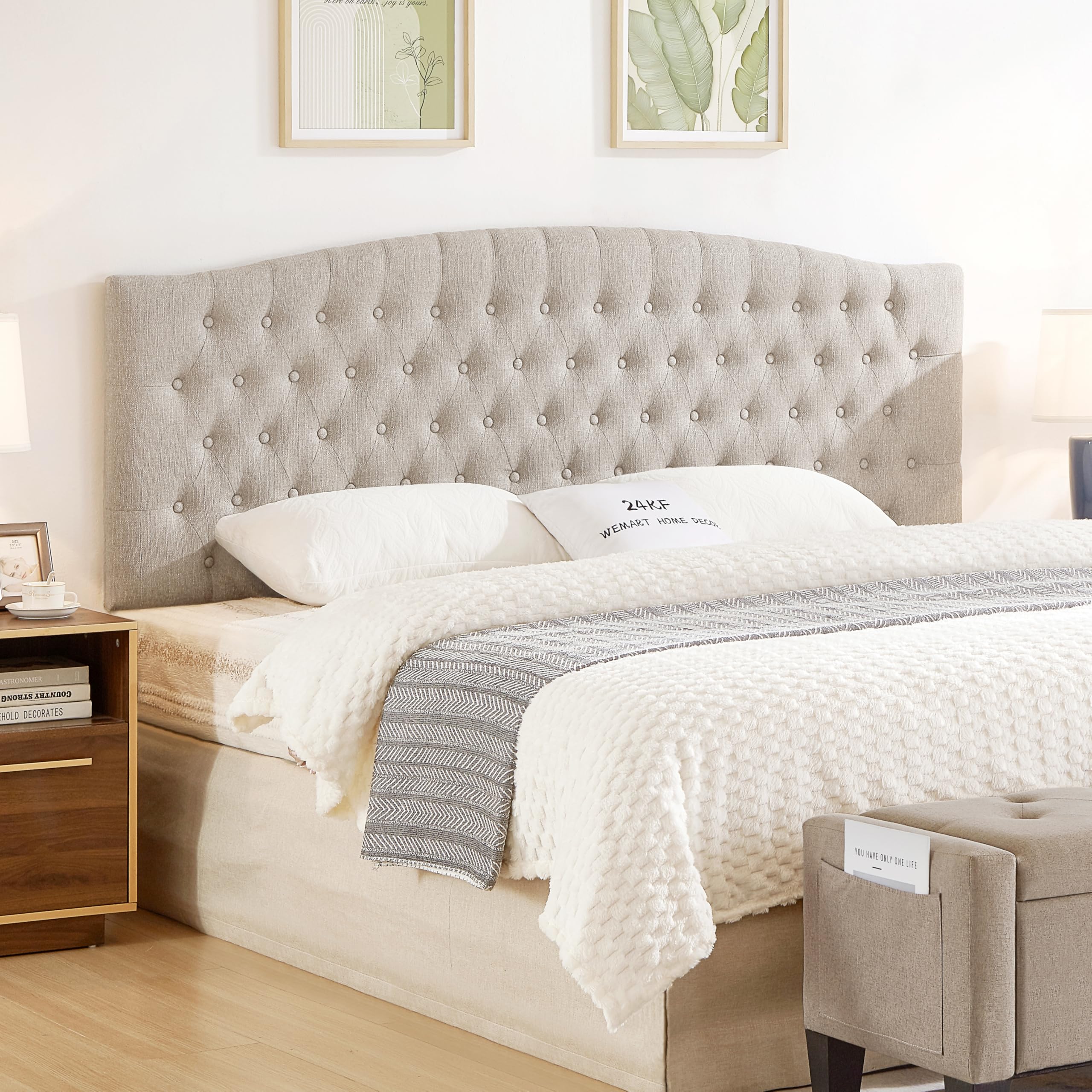 24KF Upholstered Tufted Button Linen Fabric Headboard,Comfortable Fashional Headboard Queen/Full Size,Ivory