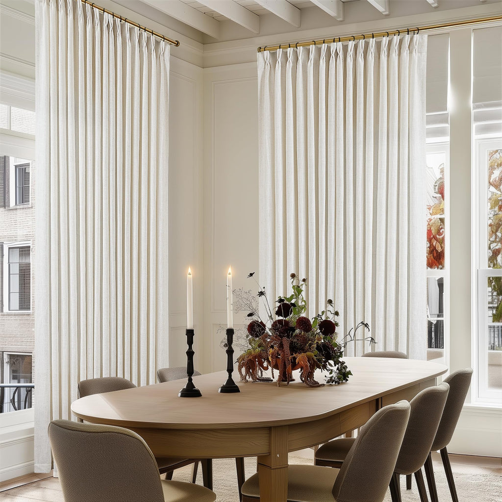 Pinch Pleated Linen Curtains 108 Inches Long for Living Room 2 Panels Set Cream Ivory Flax Double Pleated Drapes Back Tab Neutral Boho Ceiling Floor 108 Inch Window Curtains Bedroom Natural Birch