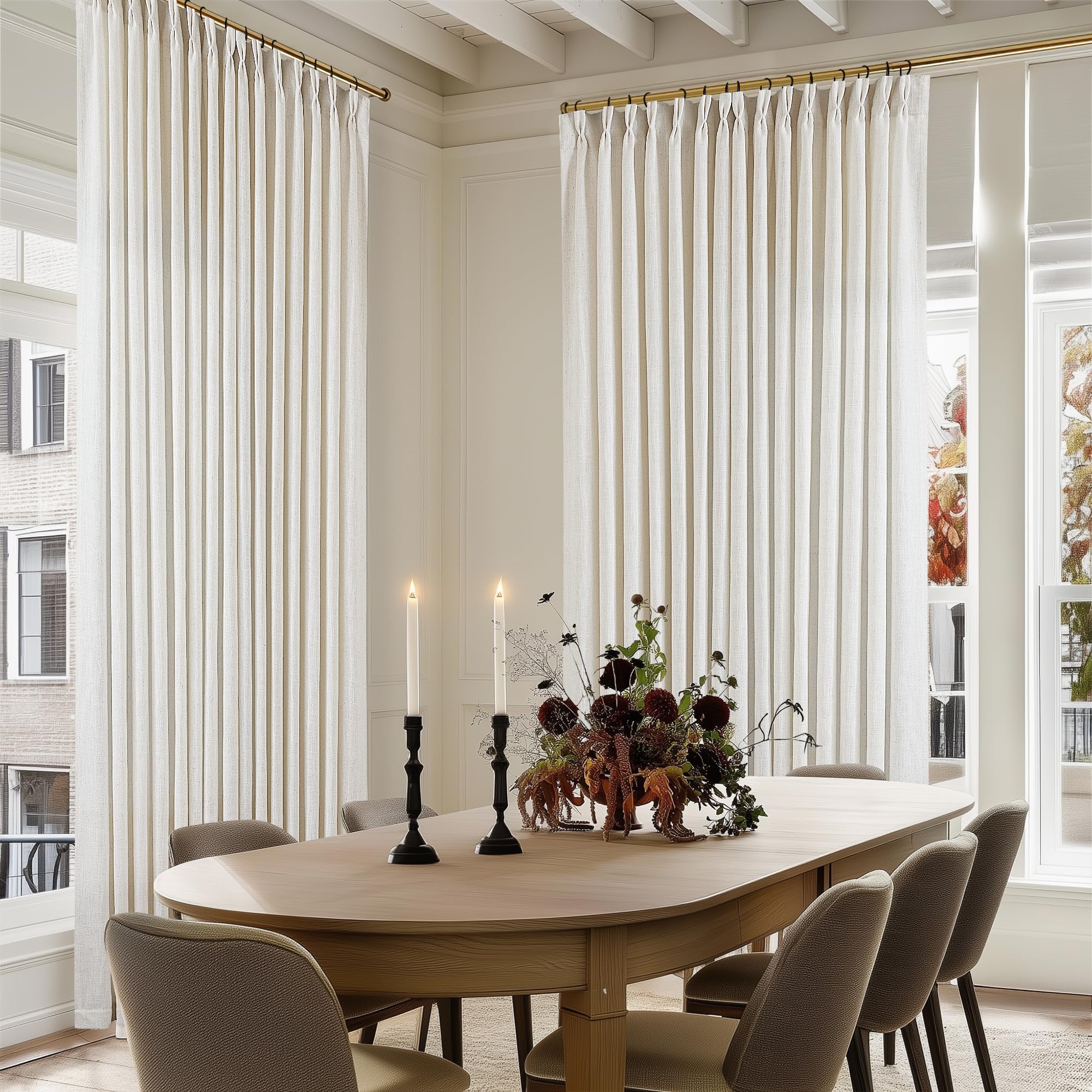 Pinch Pleated Linen Curtains 108 Inches Long for Living Room 2 Panels Set Cream Ivory Flax Double Pleated Drapes Back Tab Neutral Boho Ceiling Floor 108 Inch Window Curtains Bedroom Natural Birch