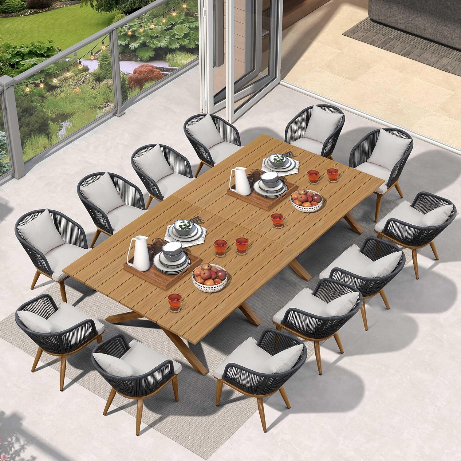 PURPLE LEAF 9 Pieces Patio Dining Set Wicker Outdoor Furniture Rectangular Table and Chairs Set for Garden Deck Teak-Finish Aluminum Frame Backyard Kitchen Set, Cushions and Pillows Included