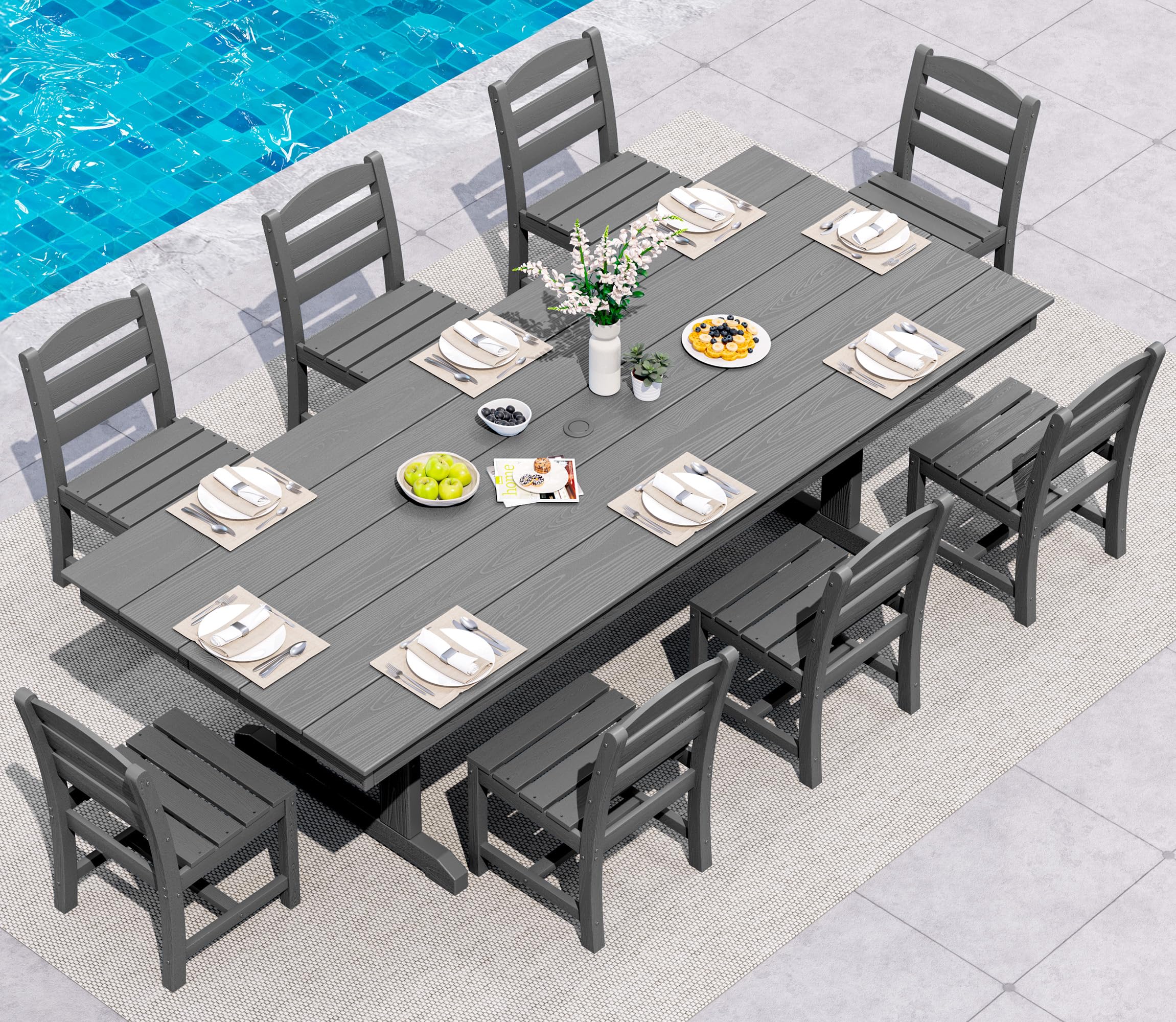 SERWALL 9 Piece Outdoor Dining Set, 84" HDPE Large Patio Dining Furniture Set for 8, with Pre-drilled Umbrella Hole, Outdoor Tables and Chairs Set for Garden, Brown