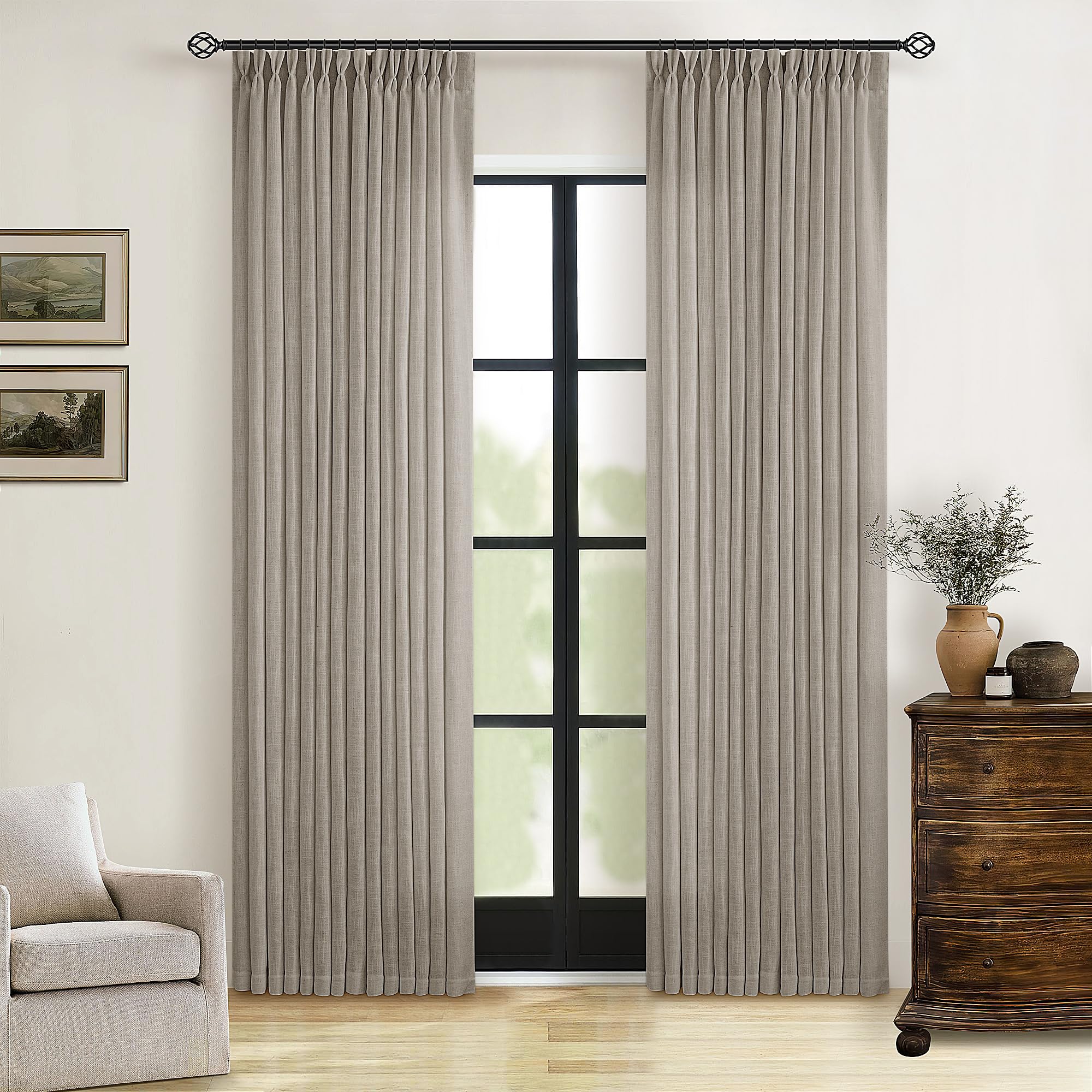 Pinch Pleated Linen Curtains 108 Inches Long for Living Room 2 Panels Set Cream Ivory Flax Double Pleated Drapes Back Tab Neutral Boho Ceiling Floor 108 Inch Window Curtains Bedroom Natural Birch