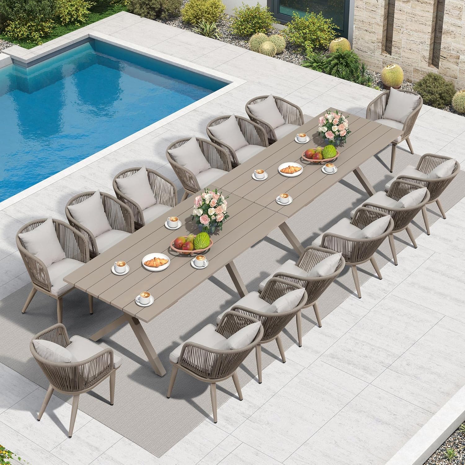 PURPLE LEAF 9 Pieces Patio Dining Set Wicker Outdoor Furniture Rectangular Table and Chairs Set for Garden Deck Teak-Finish Aluminum Frame Backyard Kitchen Set, Cushions and Pillows Included