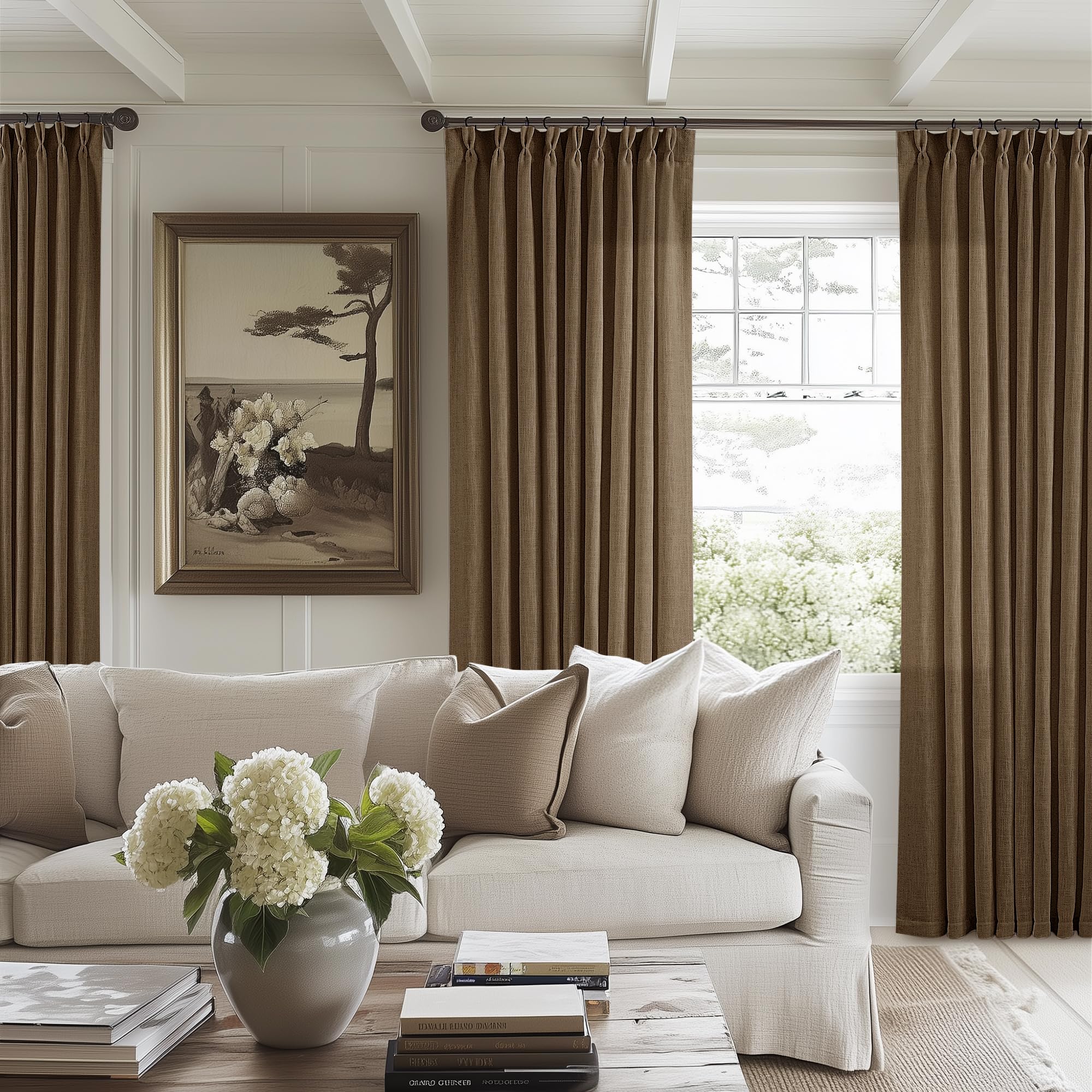 Pinch Pleated Linen Curtains 108 Inches Long for Living Room 2 Panels Set Cream Ivory Flax Double Pleated Drapes Back Tab Neutral Boho Ceiling Floor 108 Inch Window Curtains Bedroom Natural Birch
