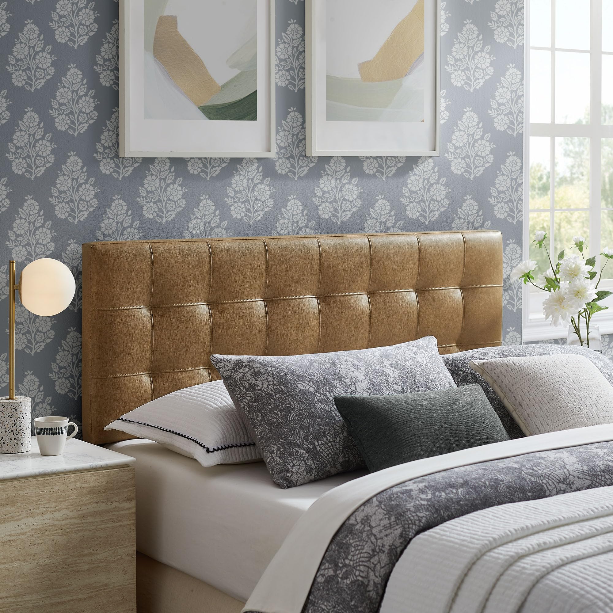 Modway Lily Performance Velvet Full Size Headboard with Biscuit Tufting in Alabaster - Stain-Resistant Upholstery with Padded Design and 5 Height-Adjustable Mounts
