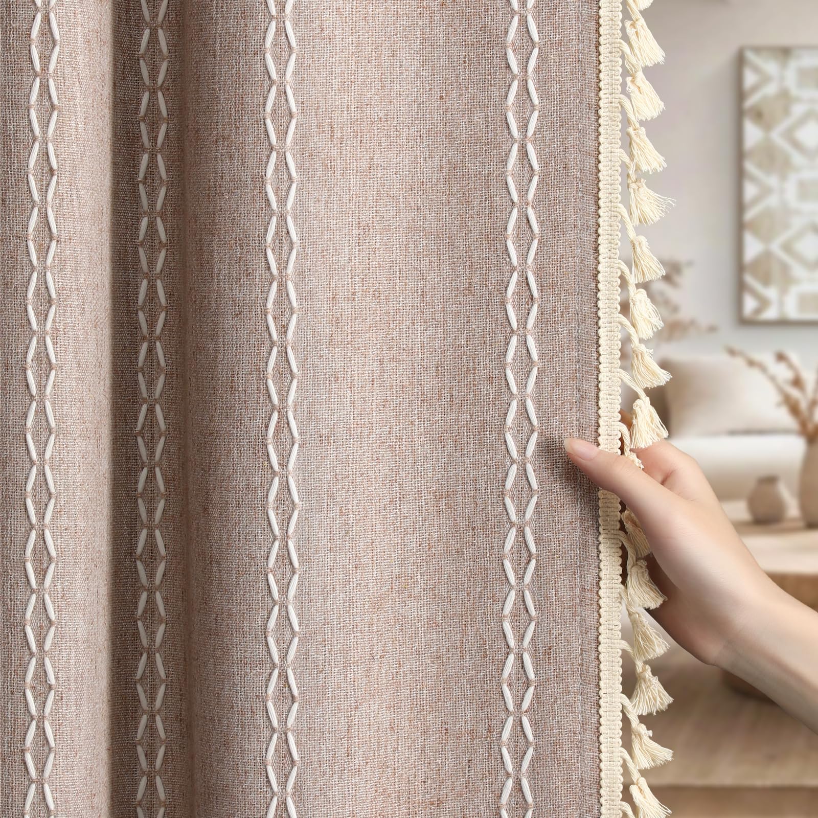 Boho Blackout Curtains 2 Panels 84 Inch for Living Room Bedroom, Beige Linen Texture Farmhouse Curtains with Tassels and Cotton Embroidery Vintage Rustic Western Rod Pocket