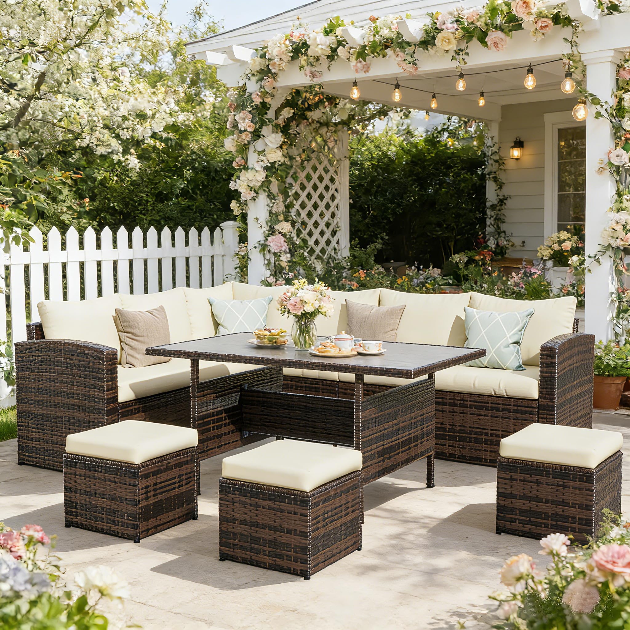 Wisteria Lane 7 Piece Patio Furniture Set, High Curved Back Wicker Patio Sectional, All Weather Outdoor Dining Set, Outdoor Furniture Patio Conversation Set with Ottoman, Blue