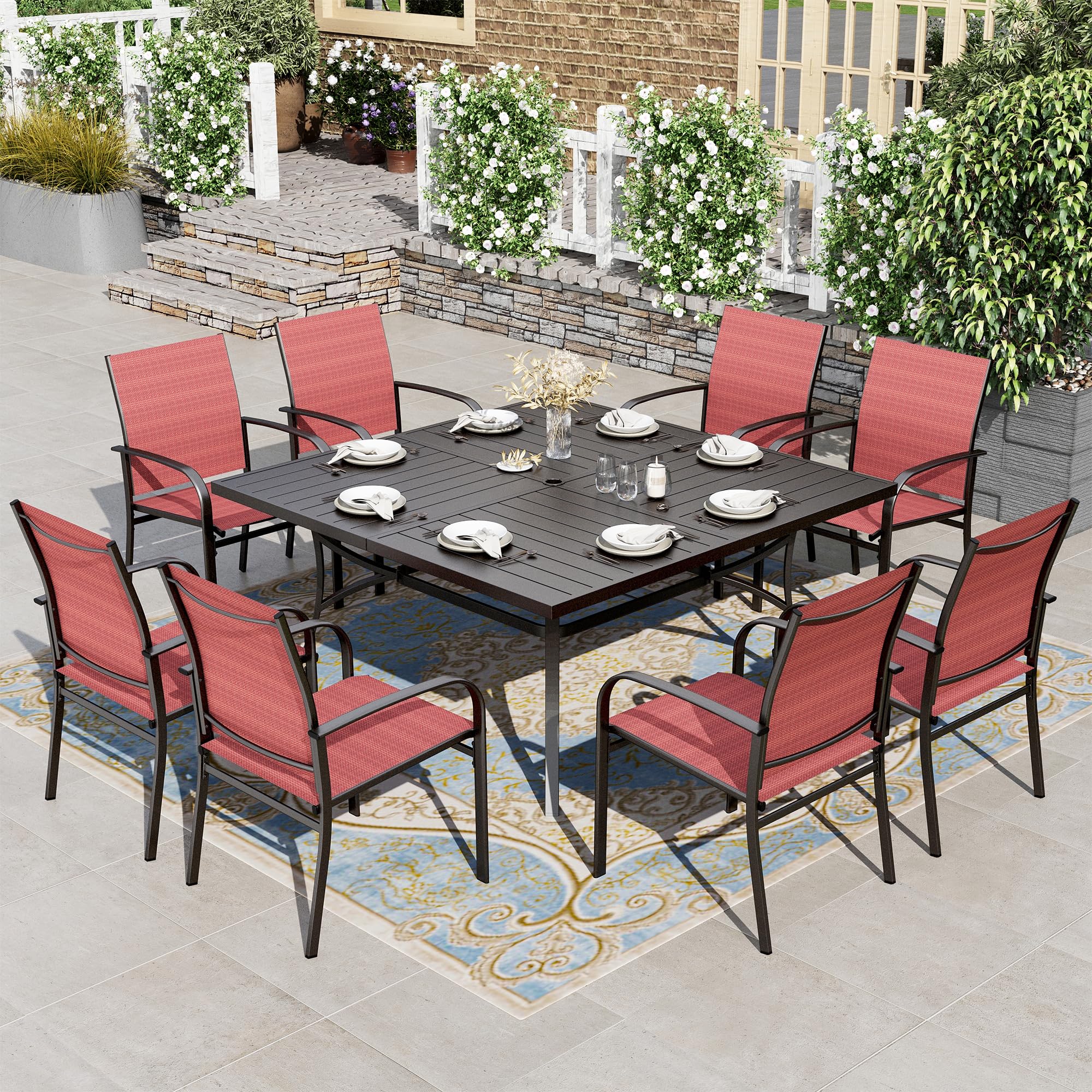 HERA'S HOUSE Patio Table and Chairs for 6, 7 Pieces Outdoor Deck Dining Sets, Wood-Like Rectangular Metal Table Set with Chairs for Lawn Garden Backyard, Brown