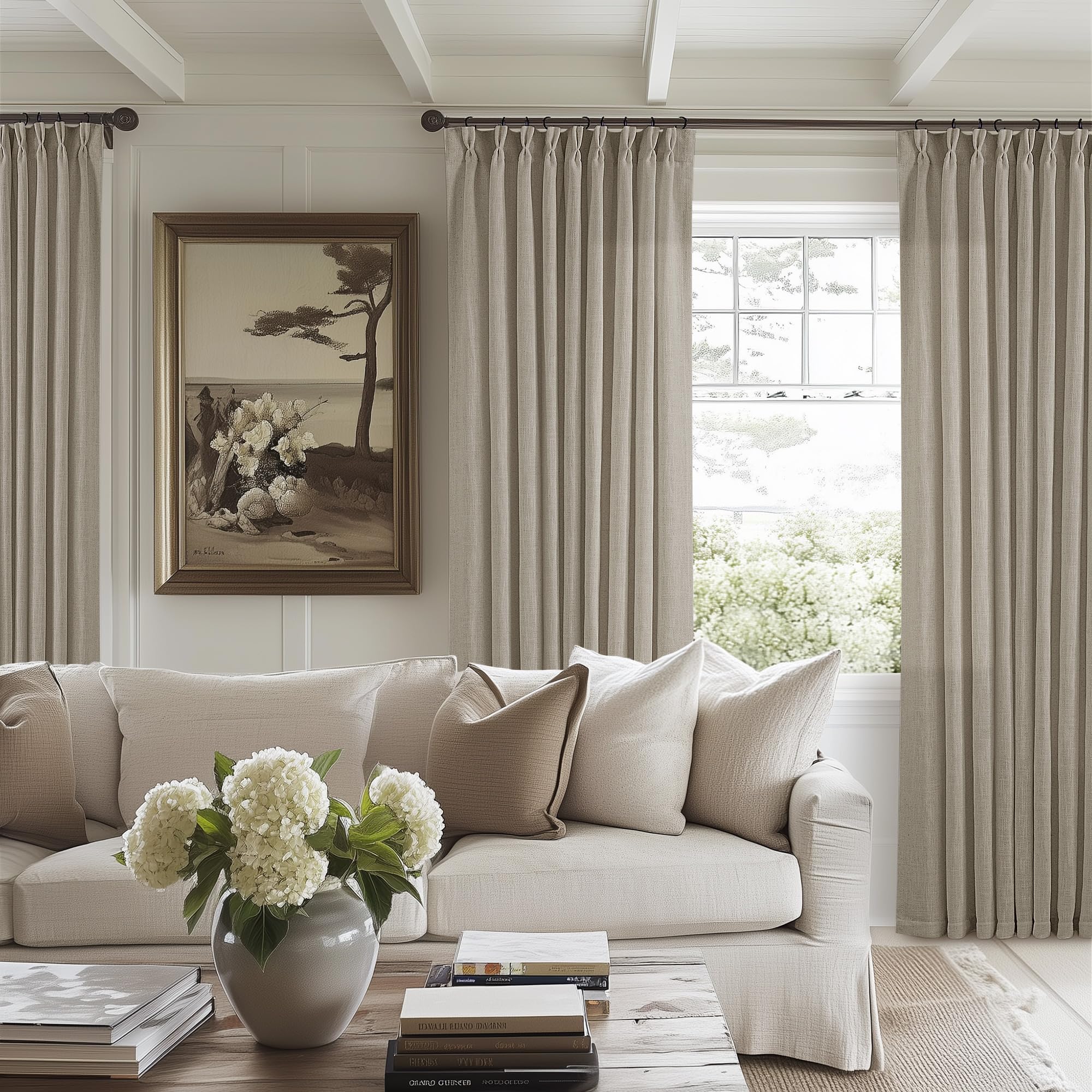 Pinch Pleated Linen Curtains 108 Inches Long for Living Room 2 Panels Set Cream Ivory Flax Double Pleated Drapes Back Tab Neutral Boho Ceiling Floor 108 Inch Window Curtains Bedroom Natural Birch