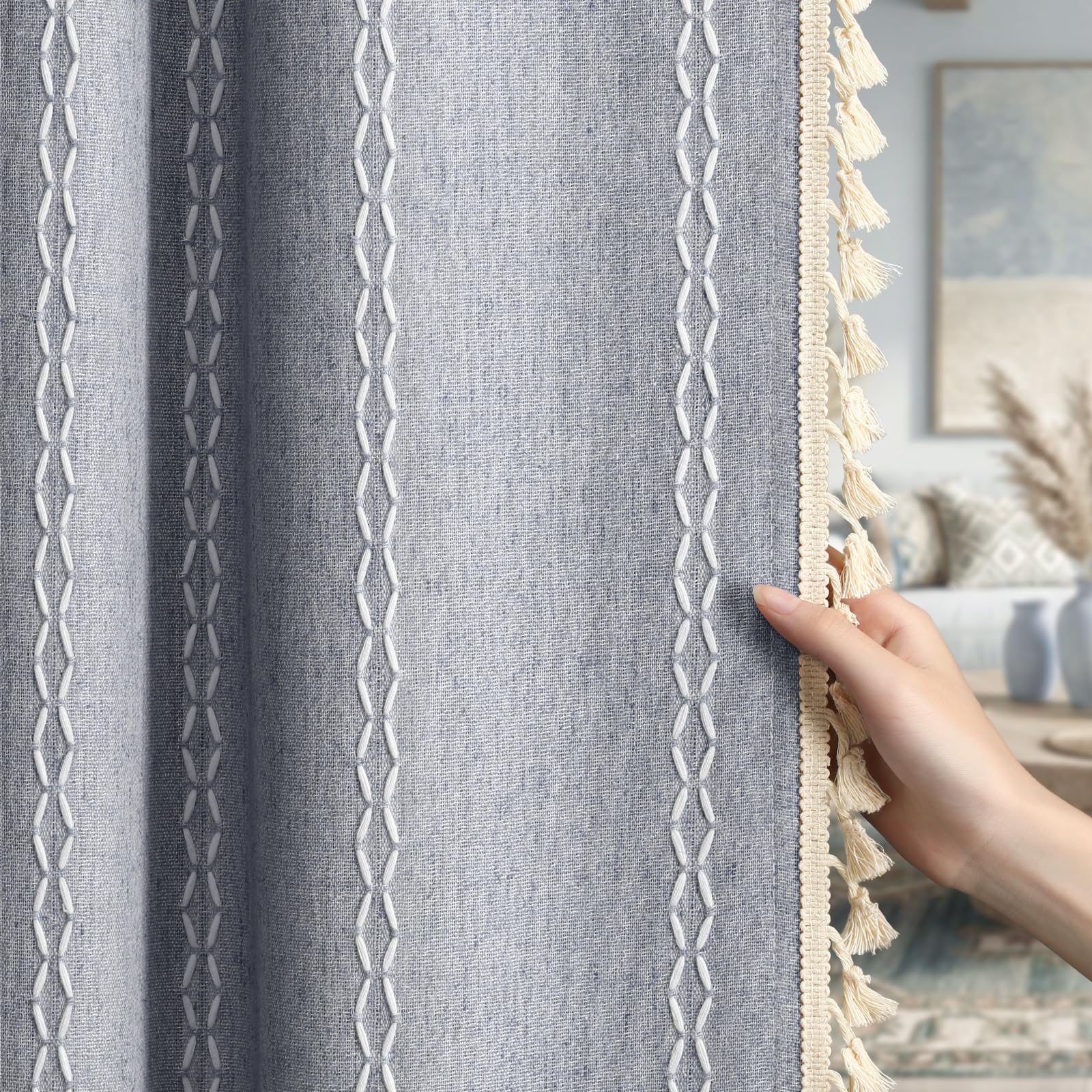 Boho Blackout Curtains 2 Panels 84 Inch for Living Room Bedroom, Beige Linen Texture Farmhouse Curtains with Tassels and Cotton Embroidery Vintage Rustic Western Rod Pocket