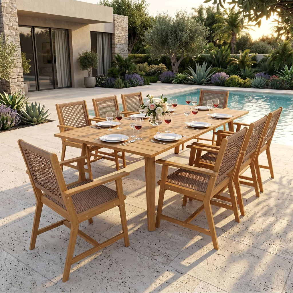 Sophia & William Outdoor Dining Set, Patio Furniture Set with Table and Chairs Set Wooden, Rattan Furniture Set of 8 Chairs and 1 Acacia Wood Rectangular Table for Yard, Garden, Porch and Poolside