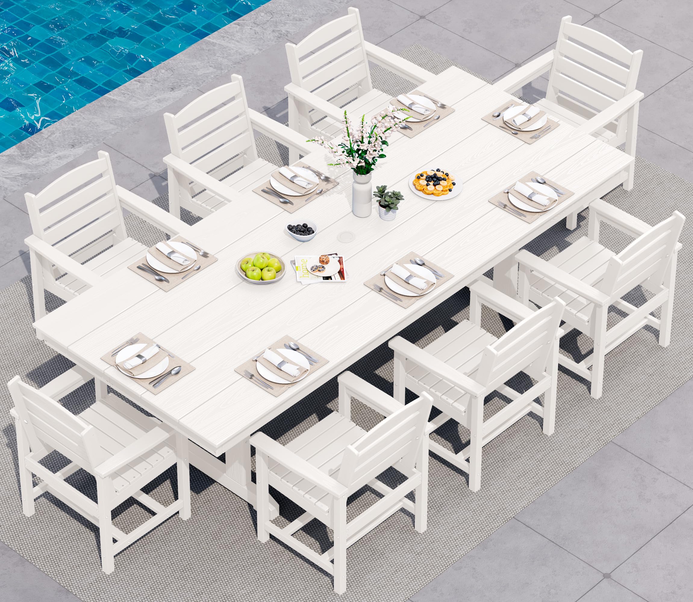 SERWALL 9 Piece Outdoor Dining Set, 84" HDPE Large Patio Dining Furniture Set for 8, with Pre-drilled Umbrella Hole, Outdoor Tables and Chairs Set for Garden, Brown