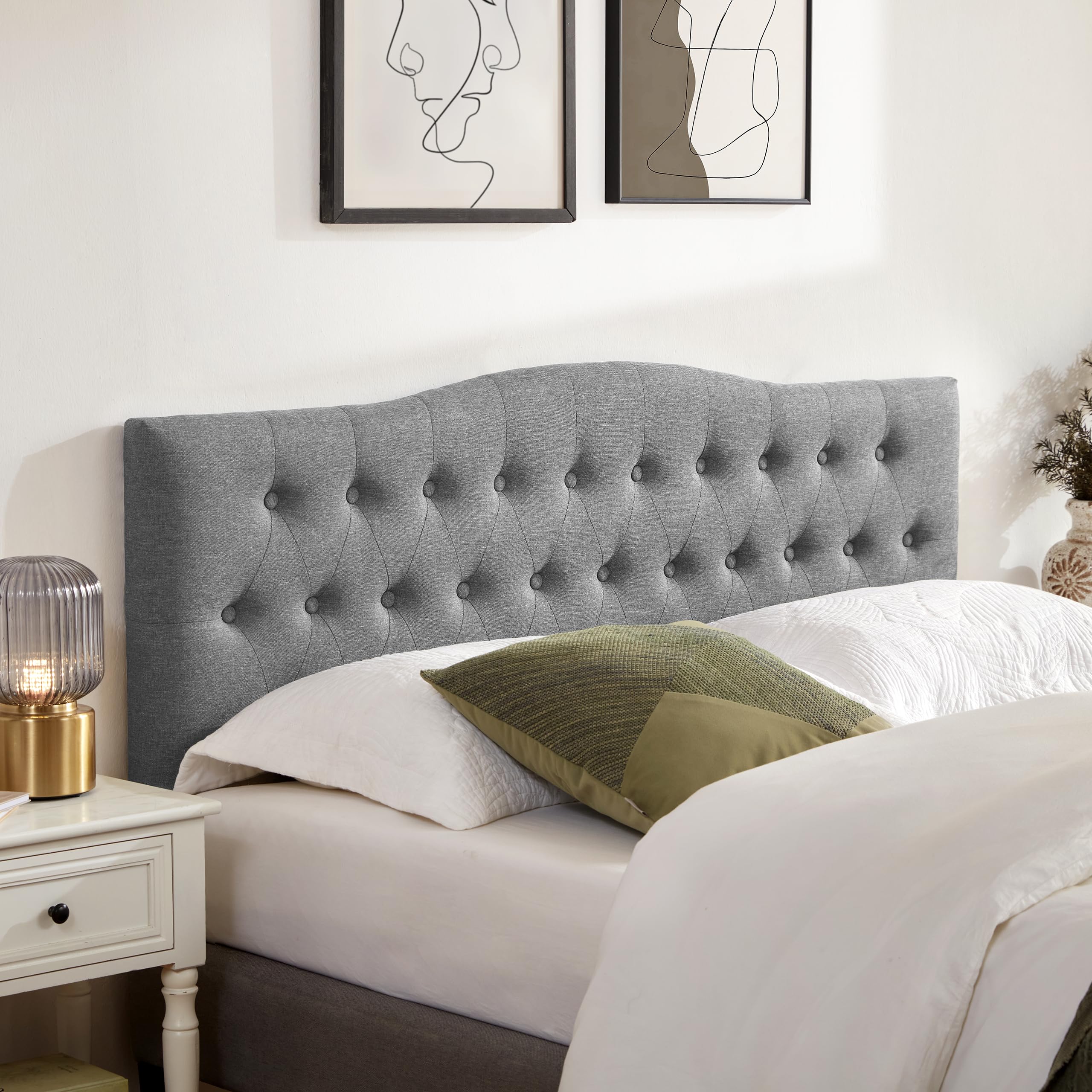Huatean Home Tufted Upholstered Headboard Queen Size, Sturdy and Durable Solid Wood Bed headboard, Fabric Headboard Adjustable Height from 37” to 51”, Modern Button Diamond Design Head Board, Beige