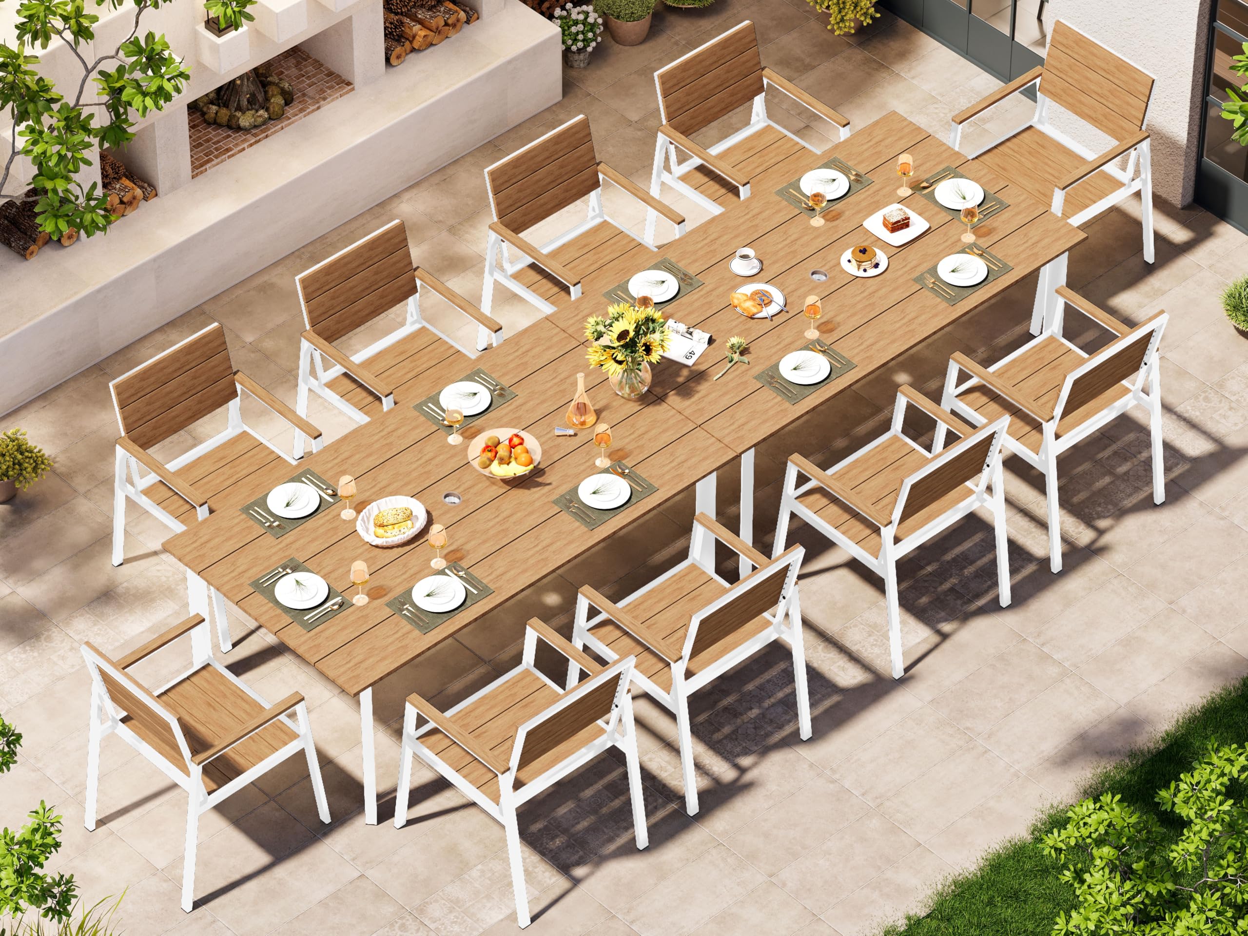 Outdoor Dining Set, Patio Table and Chairs Set with Umbrella Hole, 7 Pieces HDPS + Aluminum Patio Dining Furniture Set for Backyard, Garden (Gray & Teak)