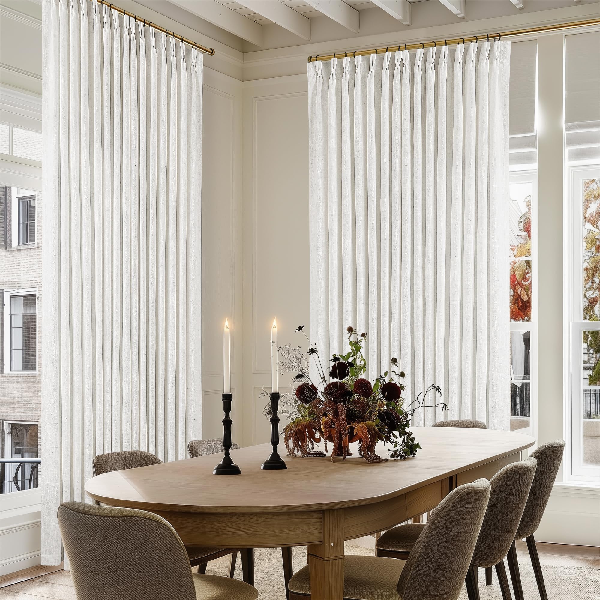 Pinch Pleated Linen Curtains 108 Inches Long for Living Room 2 Panels Set Cream Ivory Flax Double Pleated Drapes Back Tab Neutral Boho Ceiling Floor 108 Inch Window Curtains Bedroom Natural Birch