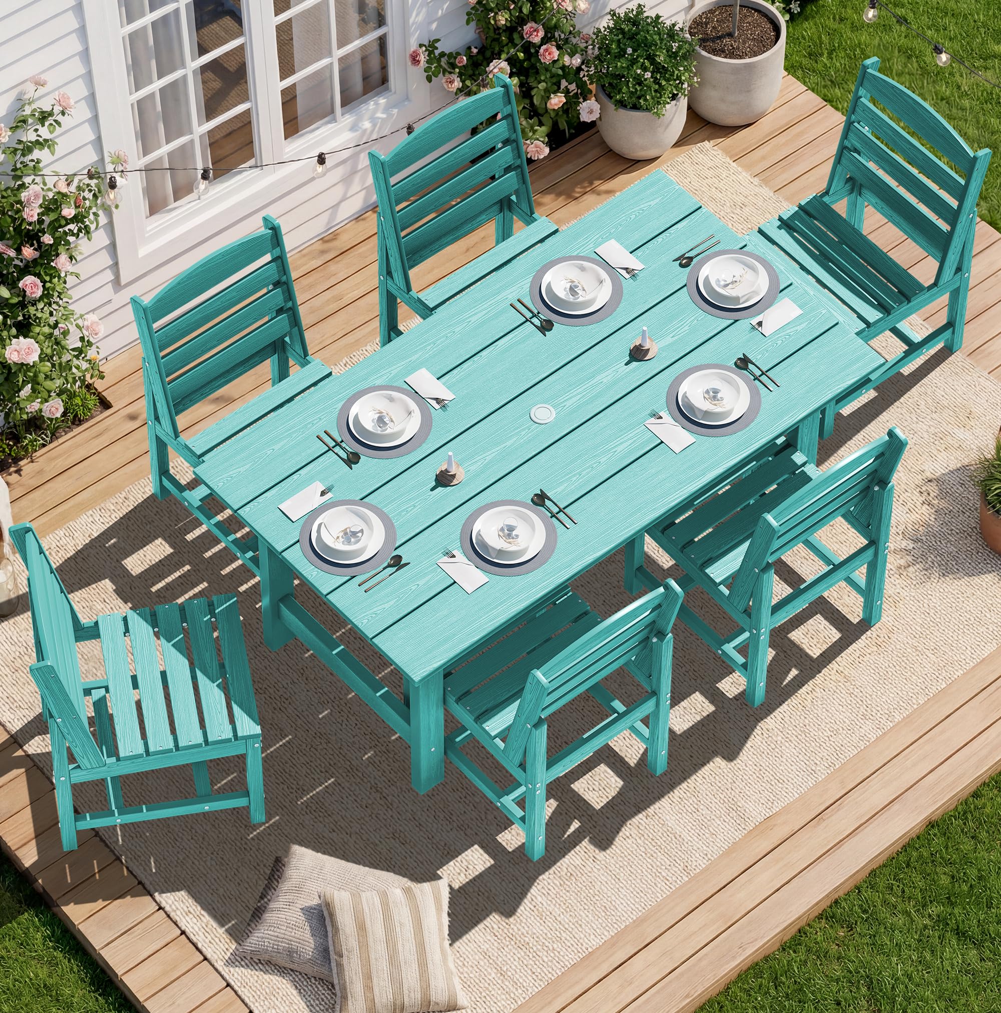 SERWALL Patio Dining Sets for 6 Person, HDPE Dining Set with 6 Armless Chairs, Black