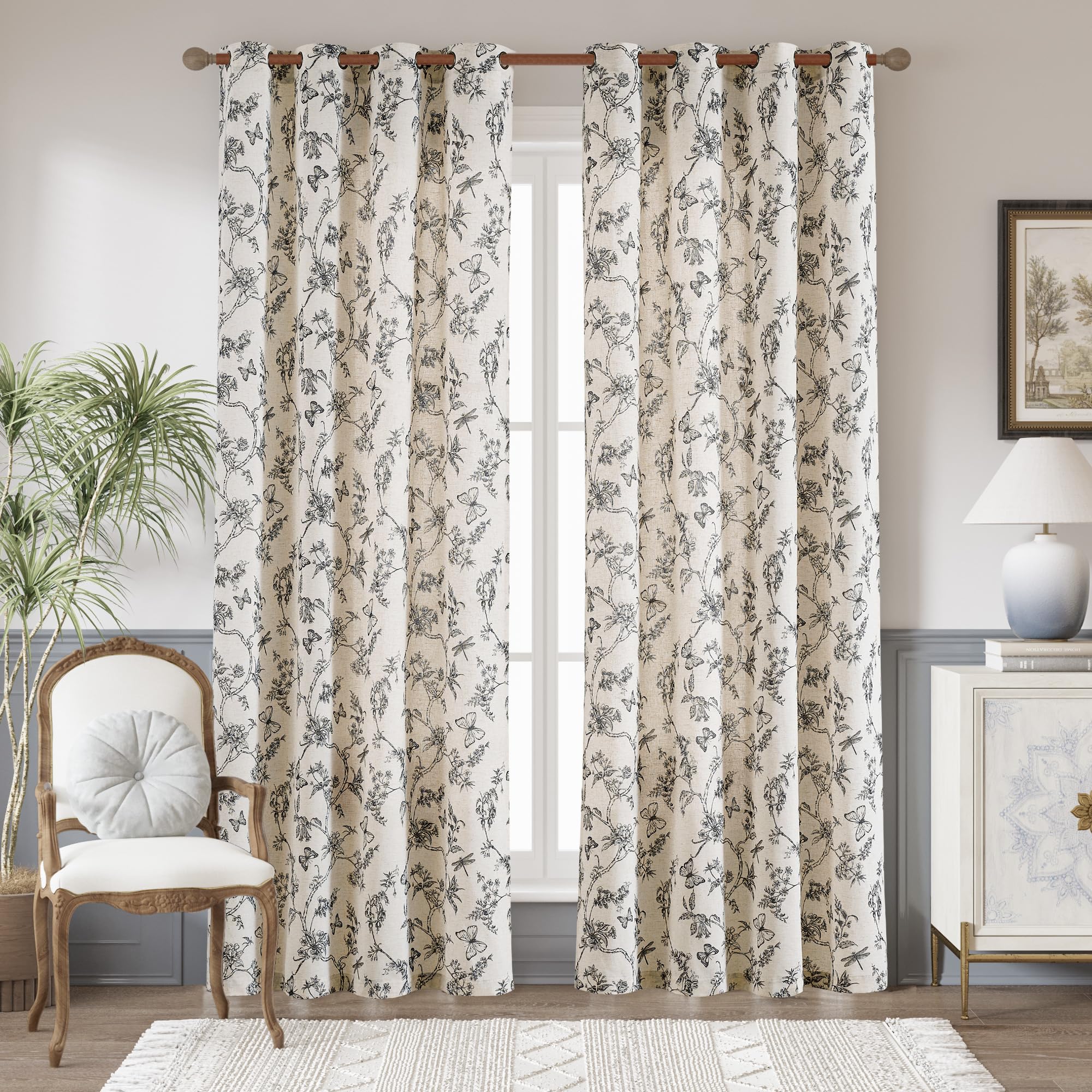 jinchan Linen Floral Curtains for Living Room with Printed Flower 84 Inches Long Light Filtering French Country Back Tab Rod Pocket Taupe Window Curtain Set Farmhouse Drapes 2 Panels Taupe