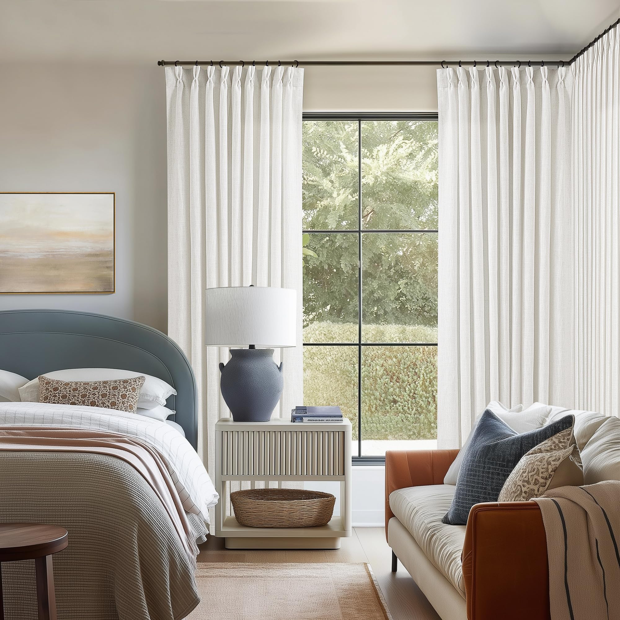 Pinch Pleated Linen Curtains 108 Inches Long for Living Room 2 Panels Set Cream Ivory Flax Double Pleated Drapes Back Tab Neutral Boho Ceiling Floor 108 Inch Window Curtains Bedroom Natural Birch
