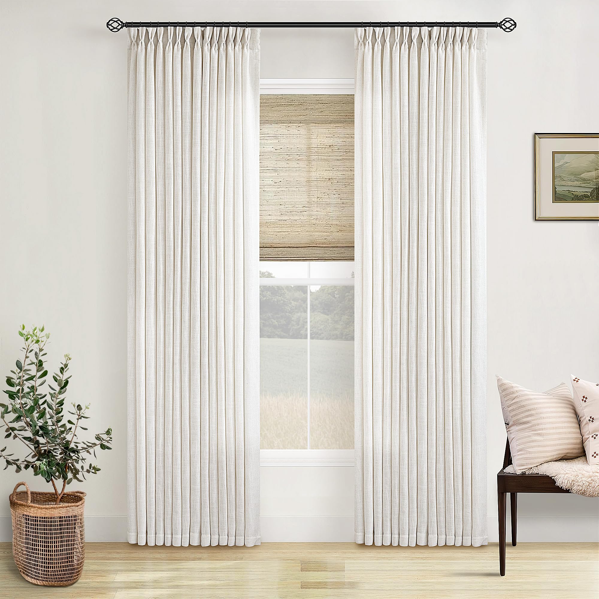 Pinch Pleated Linen Curtains 108 Inches Long for Living Room 2 Panels Set Cream Ivory Flax Double Pleated Drapes Back Tab Neutral Boho Ceiling Floor 108 Inch Window Curtains Bedroom Natural Birch