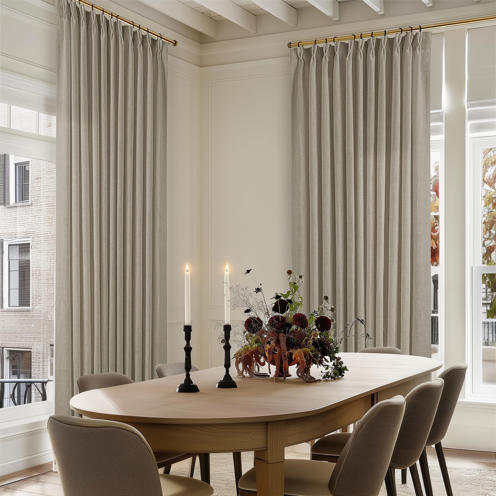 Pinch Pleated Linen Curtains 108 Inches Long for Living Room 2 Panels Set Cream Ivory Flax Double Pleated Drapes Back Tab Neutral Boho Ceiling Floor 108 Inch Window Curtains Bedroom Natural Birch