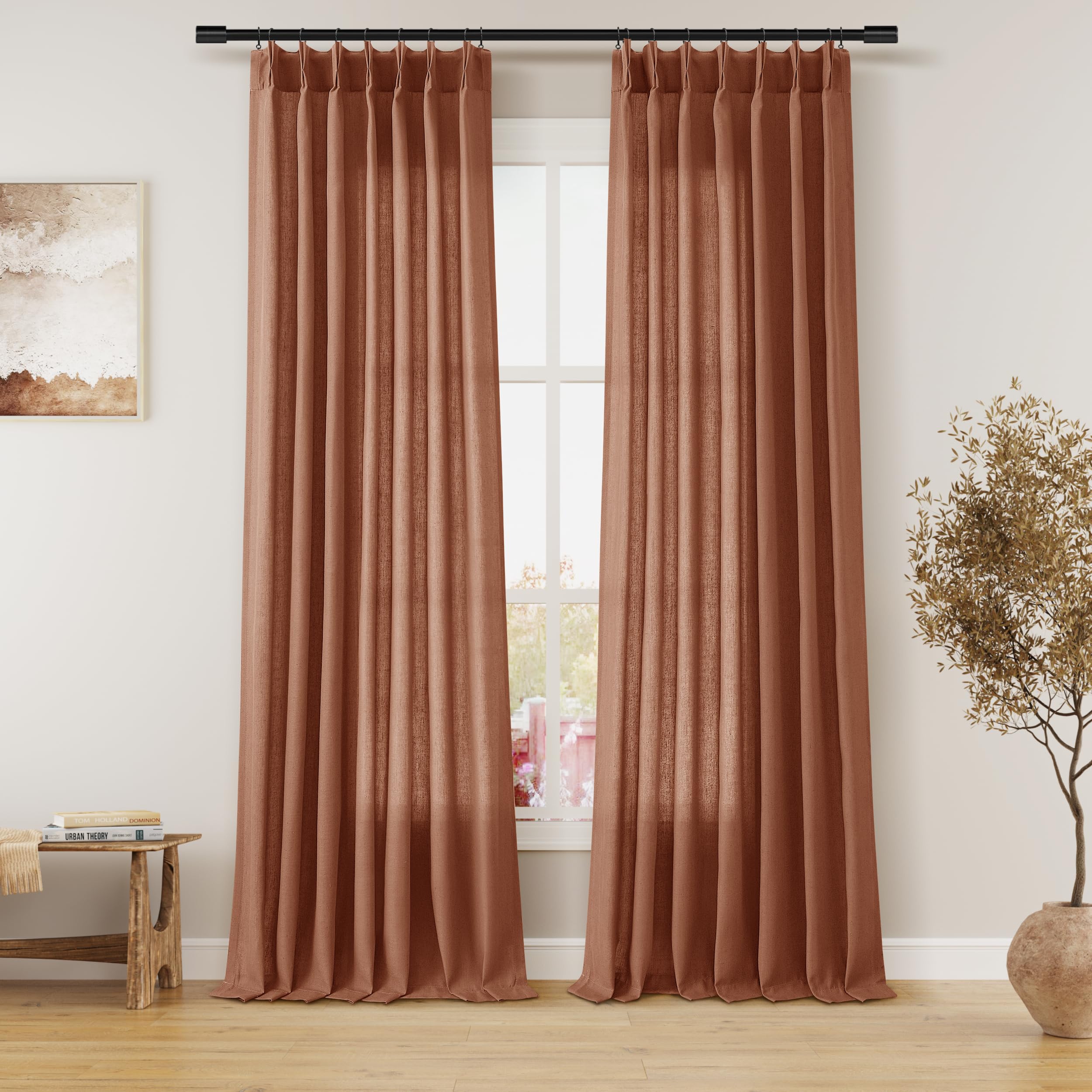 Extra Long Linen Curtains 108 Inch for Living Room Cream Pinch Pleated 9 FT Drapes Semi Sheer Ceiling to Floor Curtain for Bedroom Back Tab Flax Neutral Boho Decor Window, Natural Beige Ivory 2 Panels