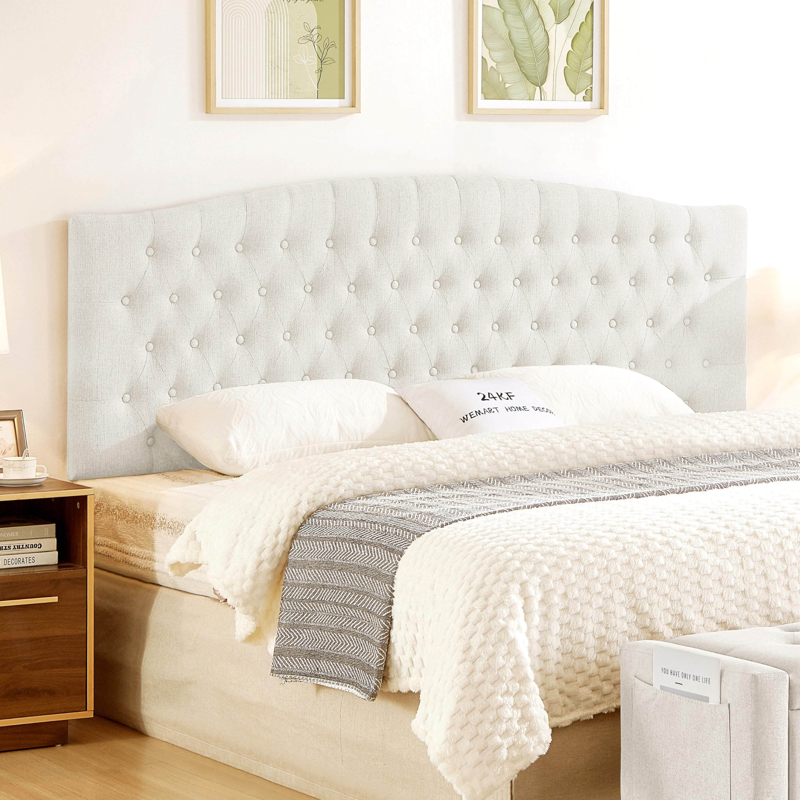 24KF Upholstered Tufted Button Linen Fabric Headboard,Comfortable Fashional Headboard Queen/Full Size,Ivory