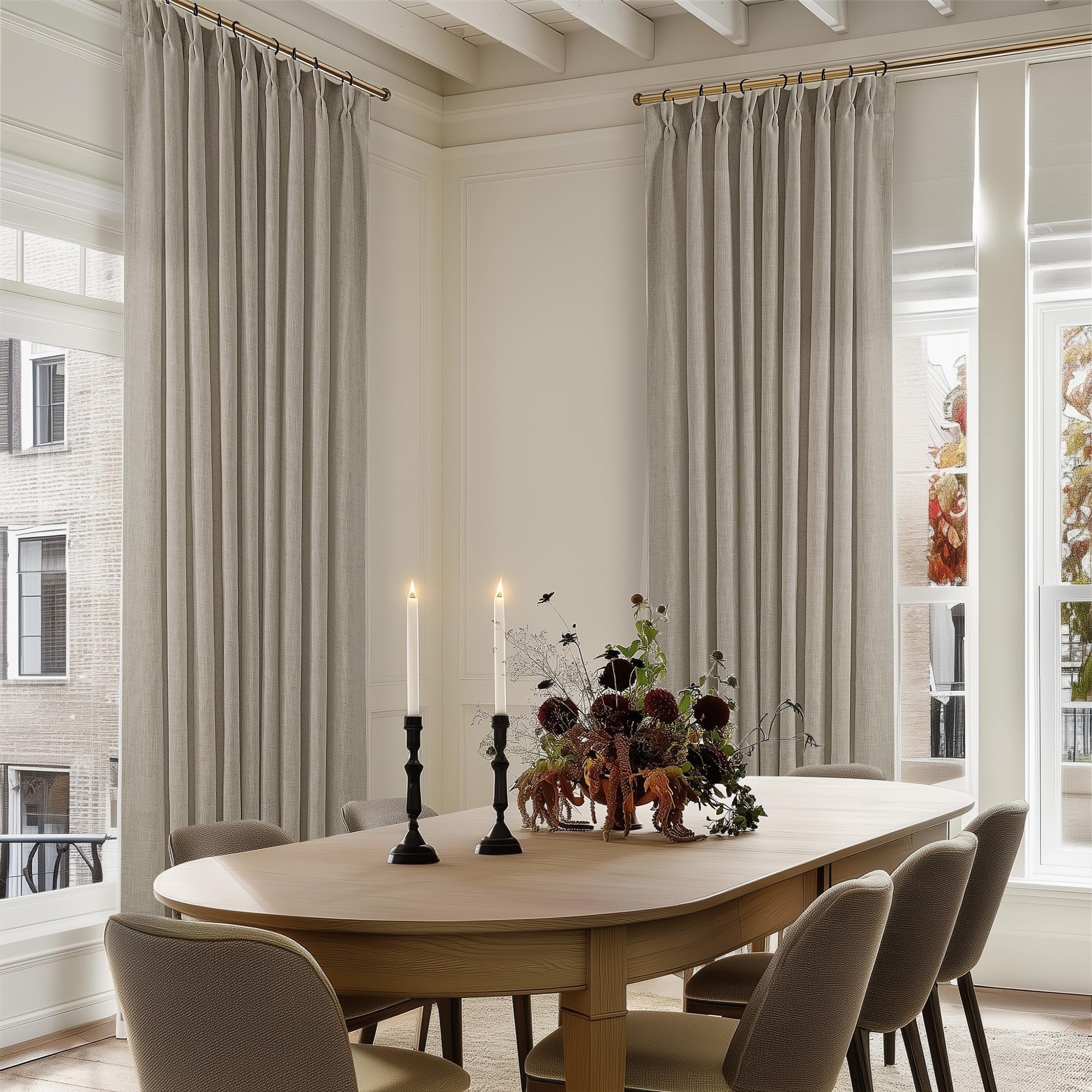 Pinch Pleated Linen Curtains 108 Inches Long for Living Room 2 Panels Set Cream Ivory Flax Double Pleated Drapes Back Tab Neutral Boho Ceiling Floor 108 Inch Window Curtains Bedroom Natural Birch