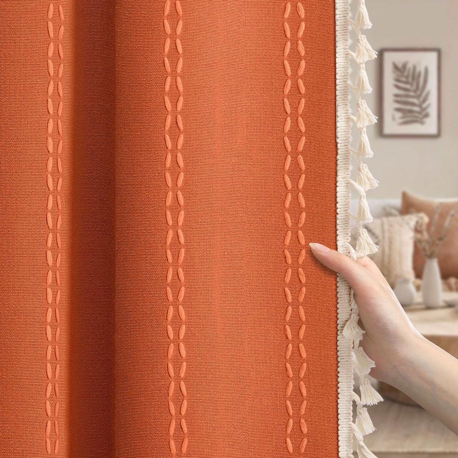 Boho Blackout Curtains 2 Panels 84 Inch for Living Room Bedroom, Beige Linen Texture Farmhouse Curtains with Tassels and Cotton Embroidery Vintage Rustic Western Rod Pocket