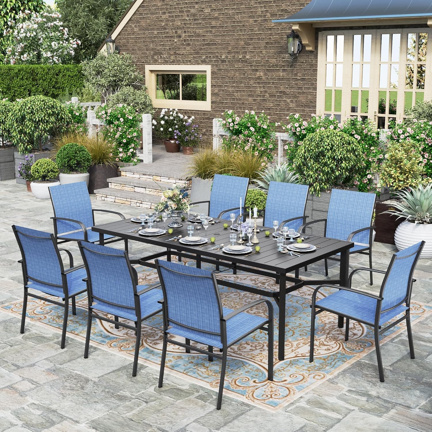 HERA'S HOUSE Patio Table and Chairs for 6, 7 Pieces Outdoor Deck Dining Sets, Wood-Like Rectangular Metal Table Set with Chairs for Lawn Garden Backyard, Brown
