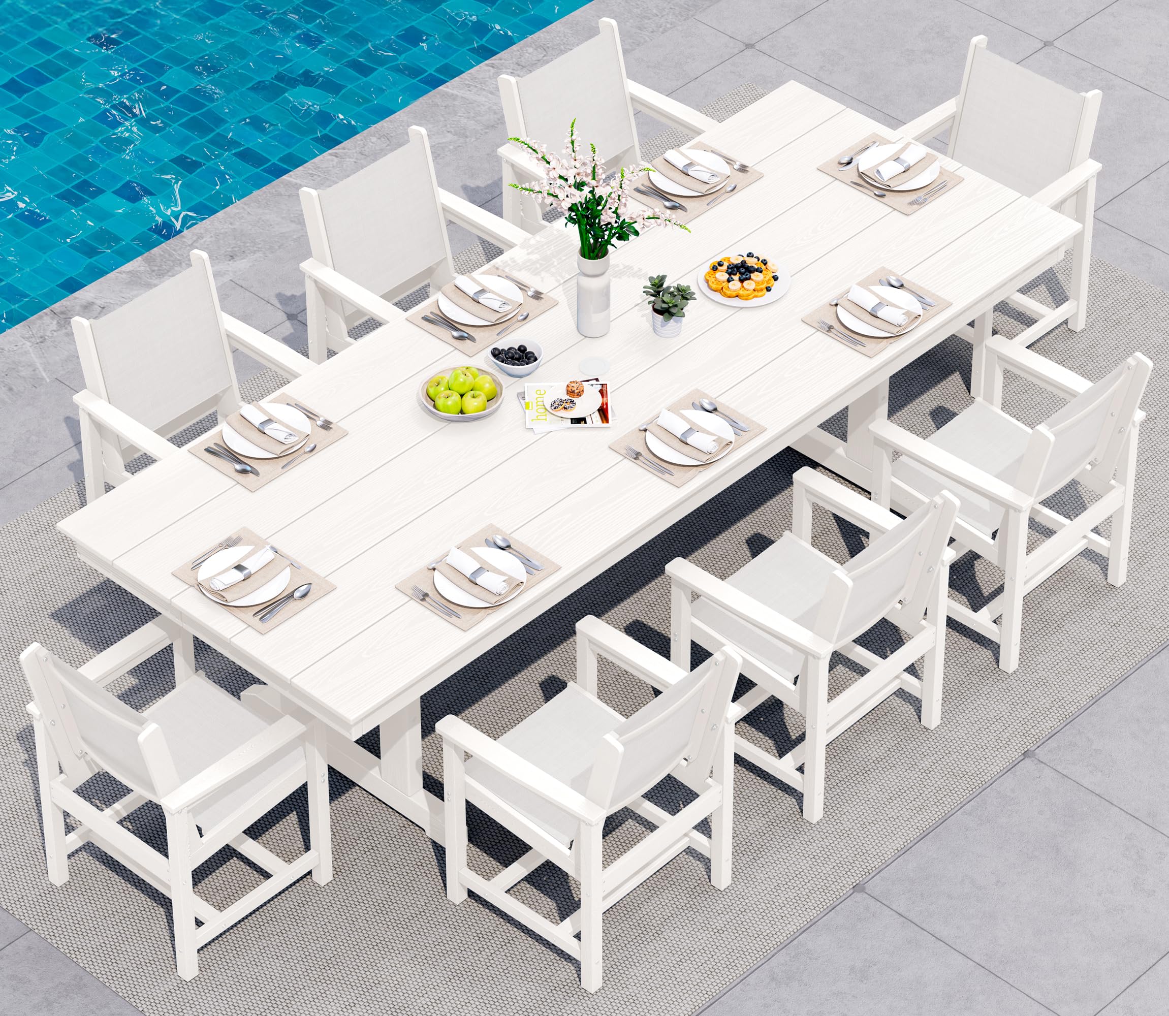 SERWALL 9 Piece Outdoor Dining Set, 84" HDPE Large Patio Dining Furniture Set for 8, with Pre-drilled Umbrella Hole, Outdoor Tables and Chairs Set for Garden, Brown