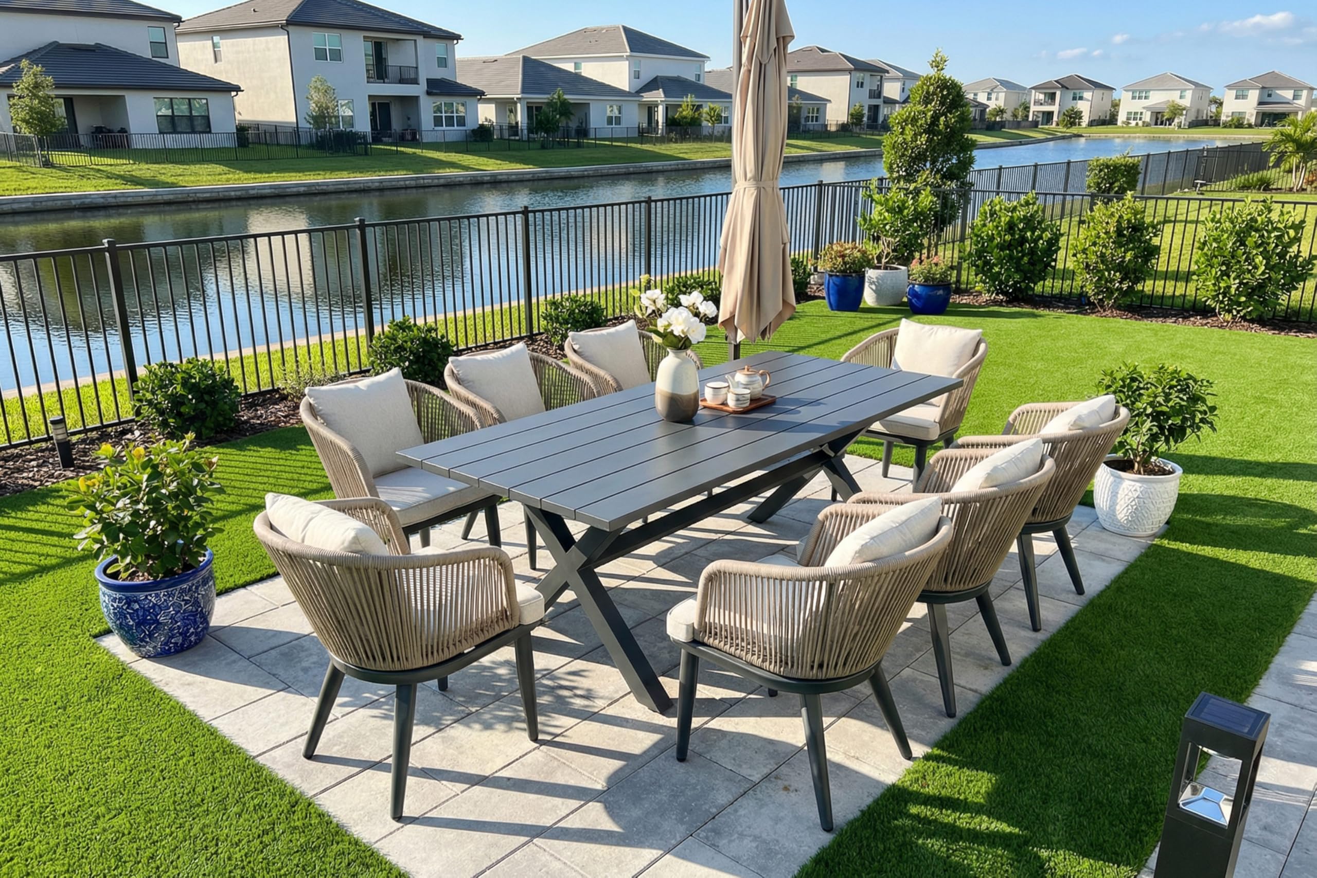 PURPLE LEAF 9 Pieces Patio Dining Set Wicker Outdoor Furniture Rectangular Table and Chairs Set for Garden Deck Teak-Finish Aluminum Frame Backyard Kitchen Set, Cushions and Pillows Included