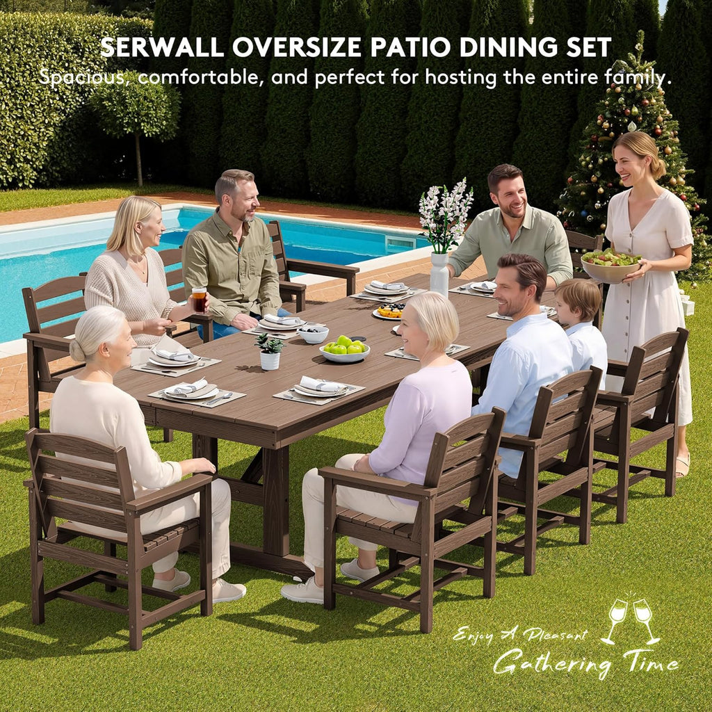 SERWALL 9 Piece Outdoor Dining Set, 84" HDPE Large Patio Dining Furniture Set for 8, with Pre-drilled Umbrella Hole, Outdoor Tables and Chairs Set for Garden, Brown