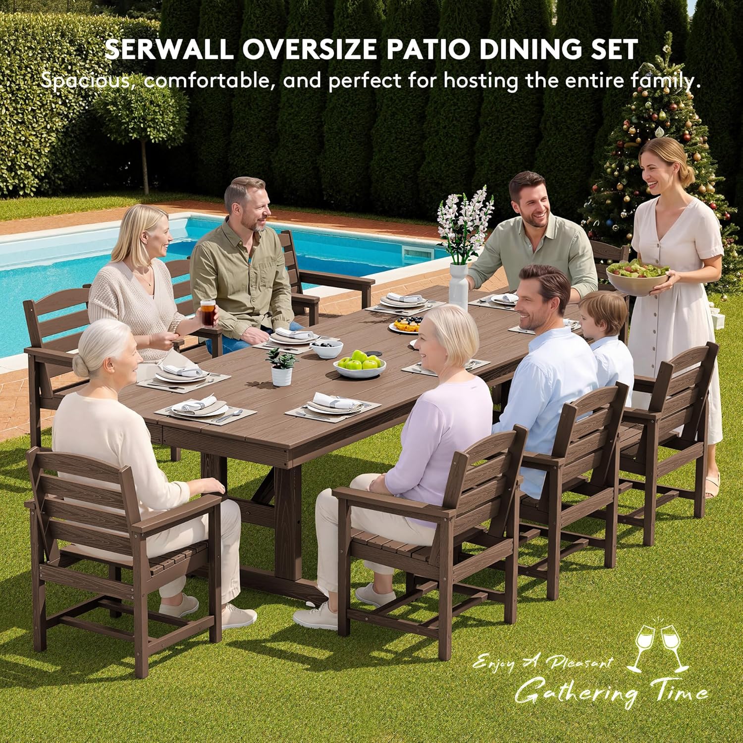 SERWALL 9 Piece Outdoor Dining Set, 84" HDPE Large Patio Dining Furniture Set for 8, with Pre-drilled Umbrella Hole, Outdoor Tables and Chairs Set for Garden, Brown