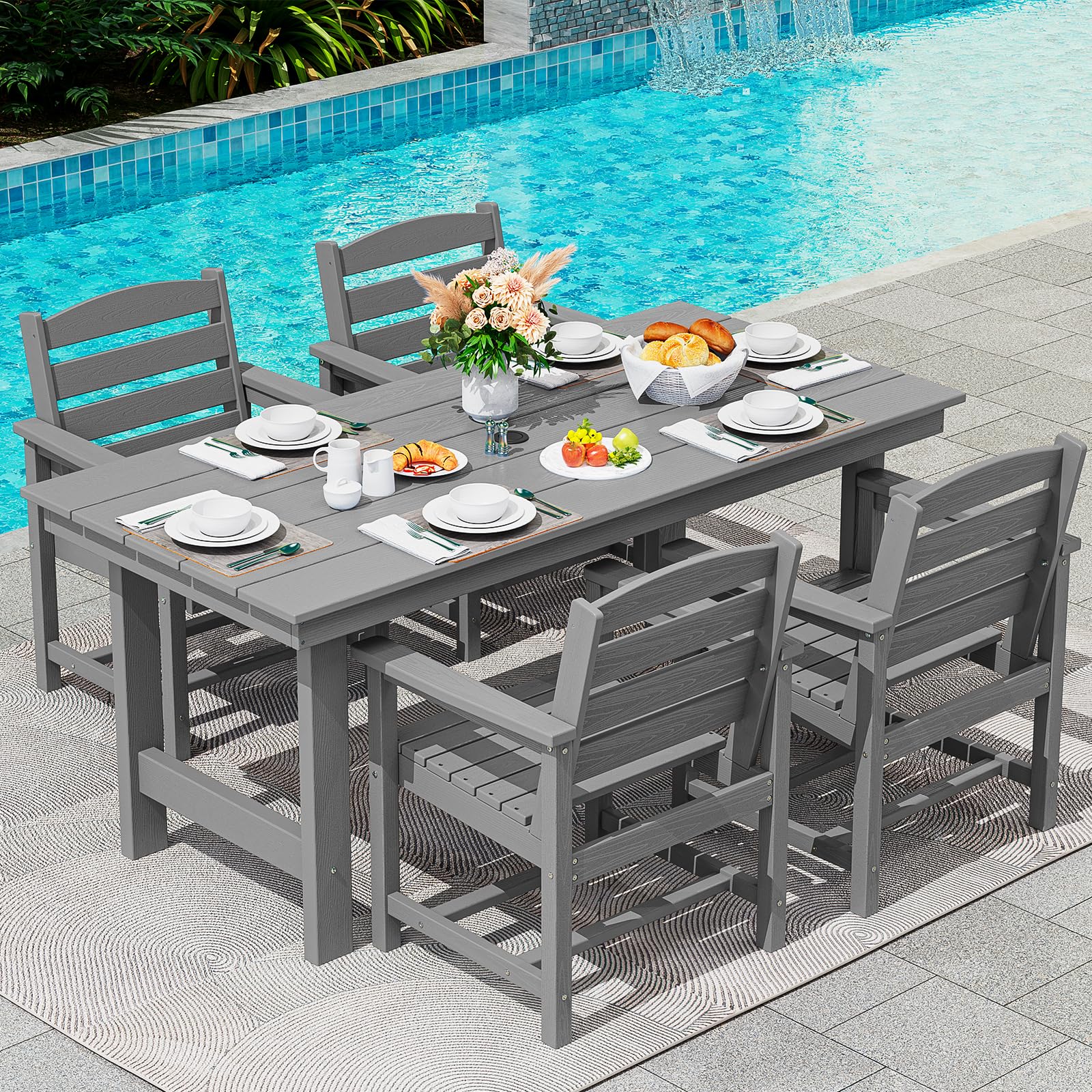 SERWALL 7-Piece Patio Dining Table Sets, Outdoor HDPE Dining Furniture Set with Umbrella Hole Cut-Out Table and 6 Chairs, Blue