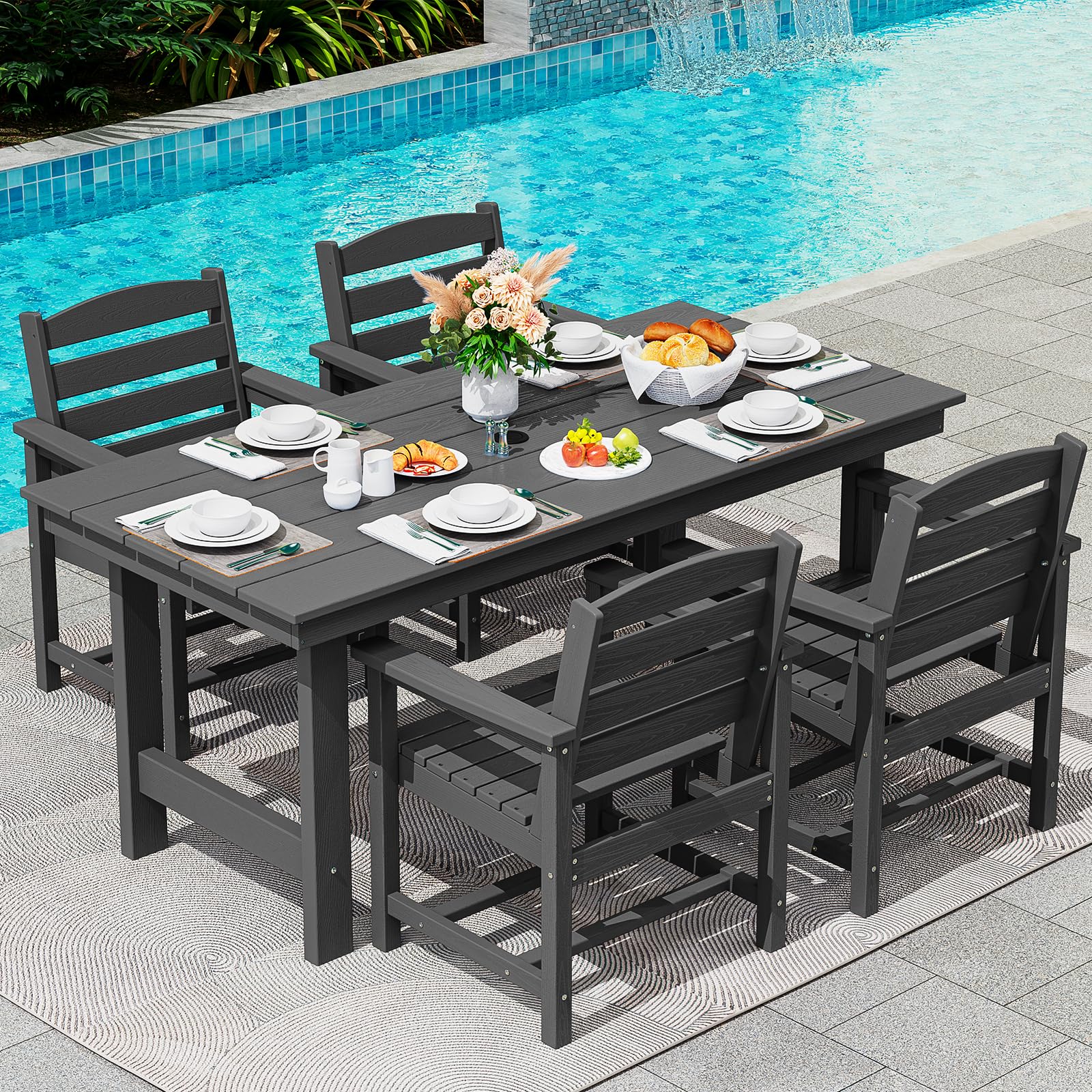SERWALL Patio Dining Sets for 6 Person, HDPE Dining Set with 6 Armless Chairs, Black