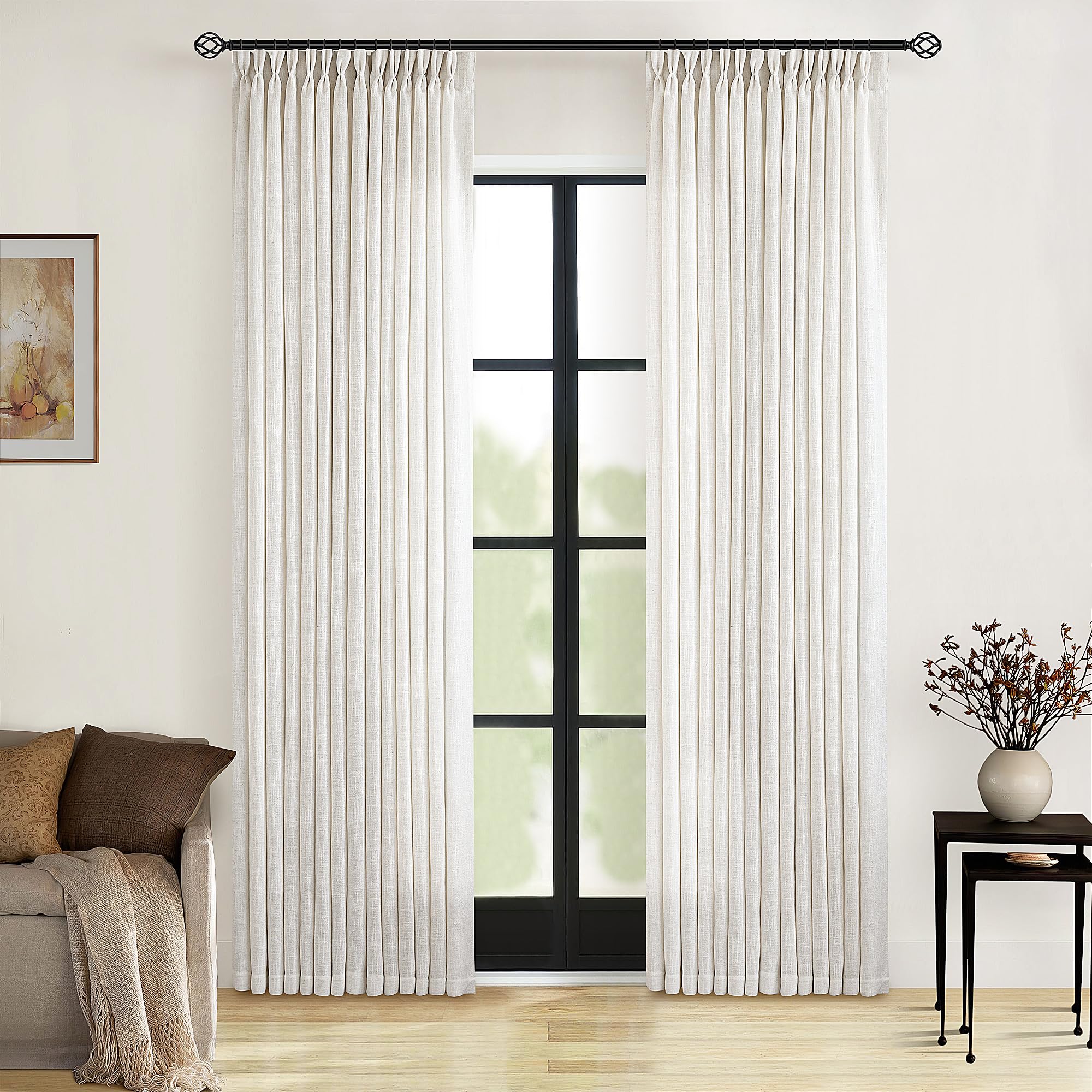 Pinch Pleated Linen Curtains 108 Inches Long for Living Room 2 Panels Set Cream Ivory Flax Double Pleated Drapes Back Tab Neutral Boho Ceiling Floor 108 Inch Window Curtains Bedroom Natural Birch