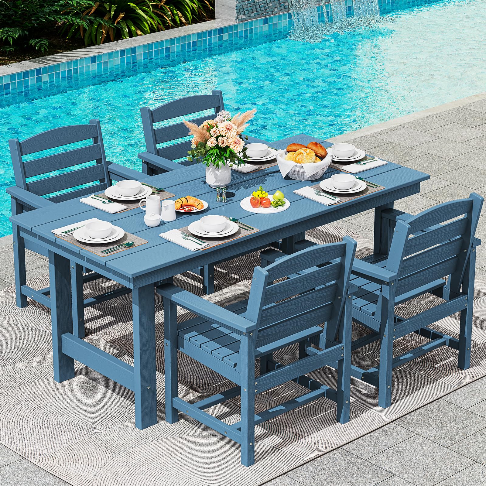 SERWALL 7-Piece Patio Dining Table Sets, Outdoor HDPE Dining Furniture Set with Umbrella Hole Cut-Out Table and 6 Chairs, Blue