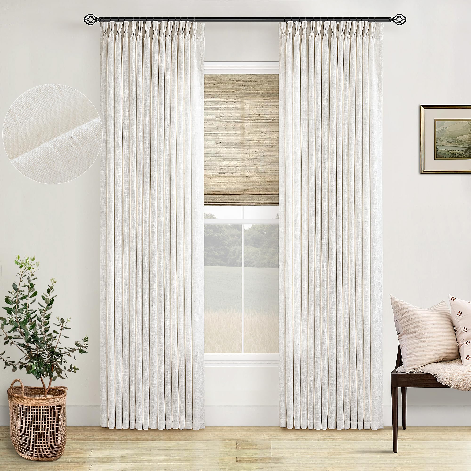 Pinch Pleated Linen Curtains 108 Inches Long for Living Room 2 Panels Set Cream Ivory Flax Double Pleated Drapes Back Tab Neutral Boho Ceiling Floor 108 Inch Window Curtains Bedroom Natural Birch