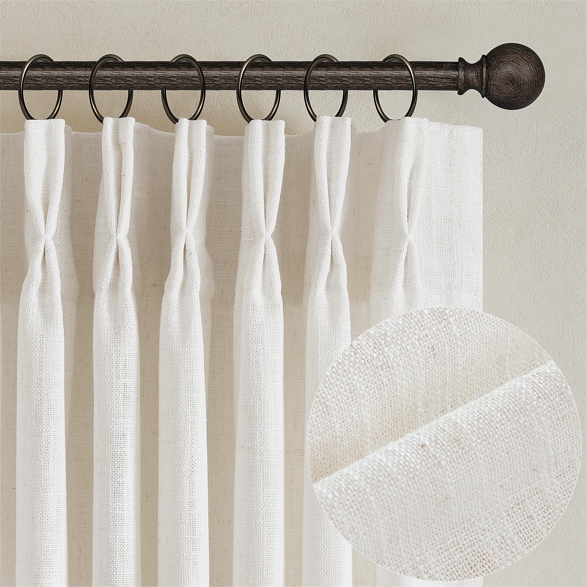 Pinch Pleated Linen Curtains 108 Inches Long for Living Room 2 Panels Set Cream Ivory Flax Double Pleated Drapes Back Tab Neutral Boho Ceiling Floor 108 Inch Window Curtains Bedroom Natural Birch