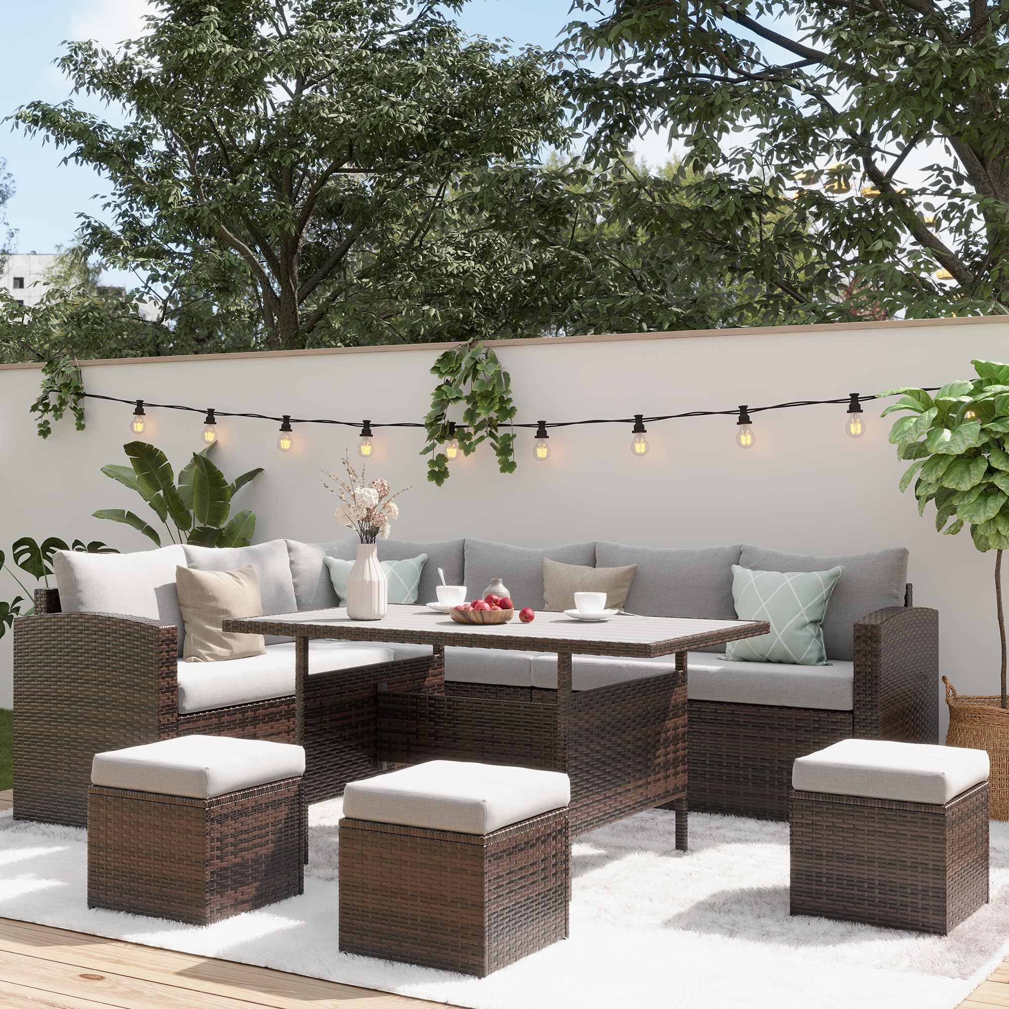 Wisteria Lane 7 Piece Patio Furniture Set, High Curved Back Wicker Patio Sectional, All Weather Outdoor Dining Set, Outdoor Furniture Patio Conversation Set with Ottoman, Blue