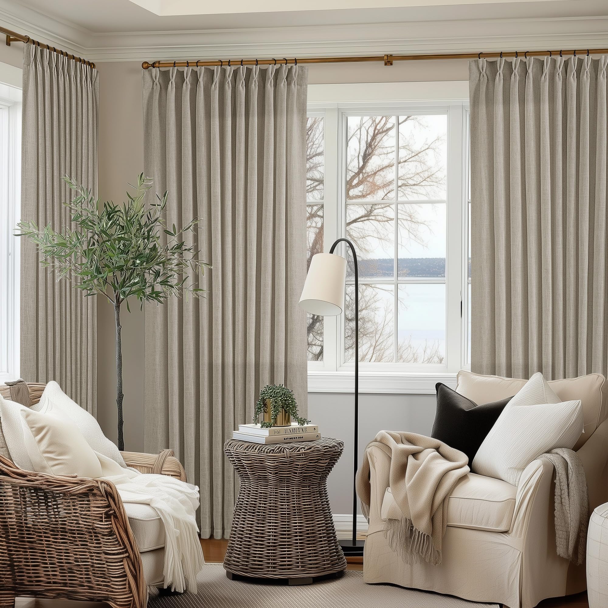 Pinch Pleated Linen Curtains 108 Inches Long for Living Room 2 Panels Set Cream Ivory Flax Double Pleated Drapes Back Tab Neutral Boho Ceiling Floor 108 Inch Window Curtains Bedroom Natural Birch