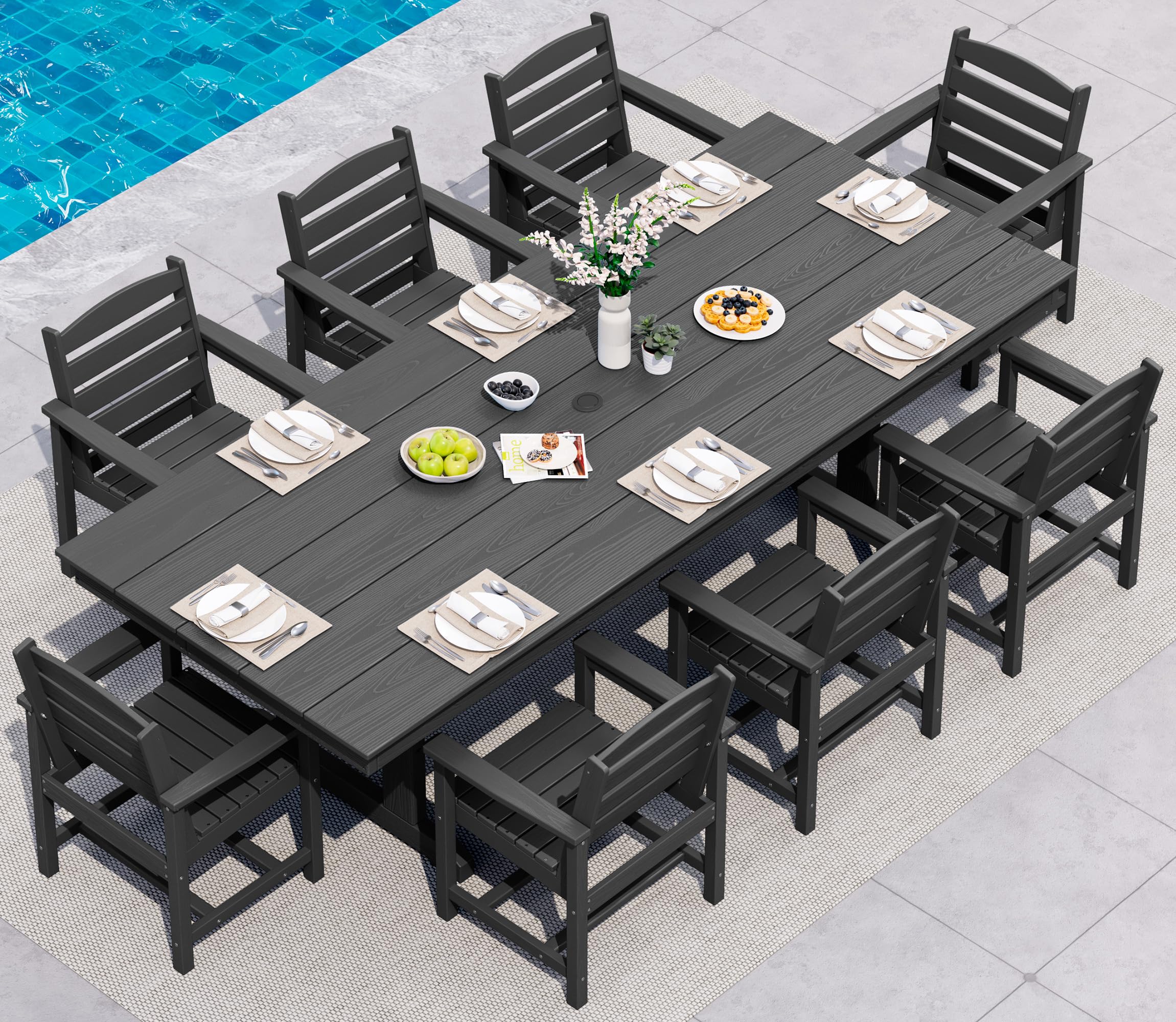 SERWALL 9 Piece Outdoor Dining Set, 84" HDPE Large Patio Dining Furniture Set for 8, with Pre-drilled Umbrella Hole, Outdoor Tables and Chairs Set for Garden, Brown
