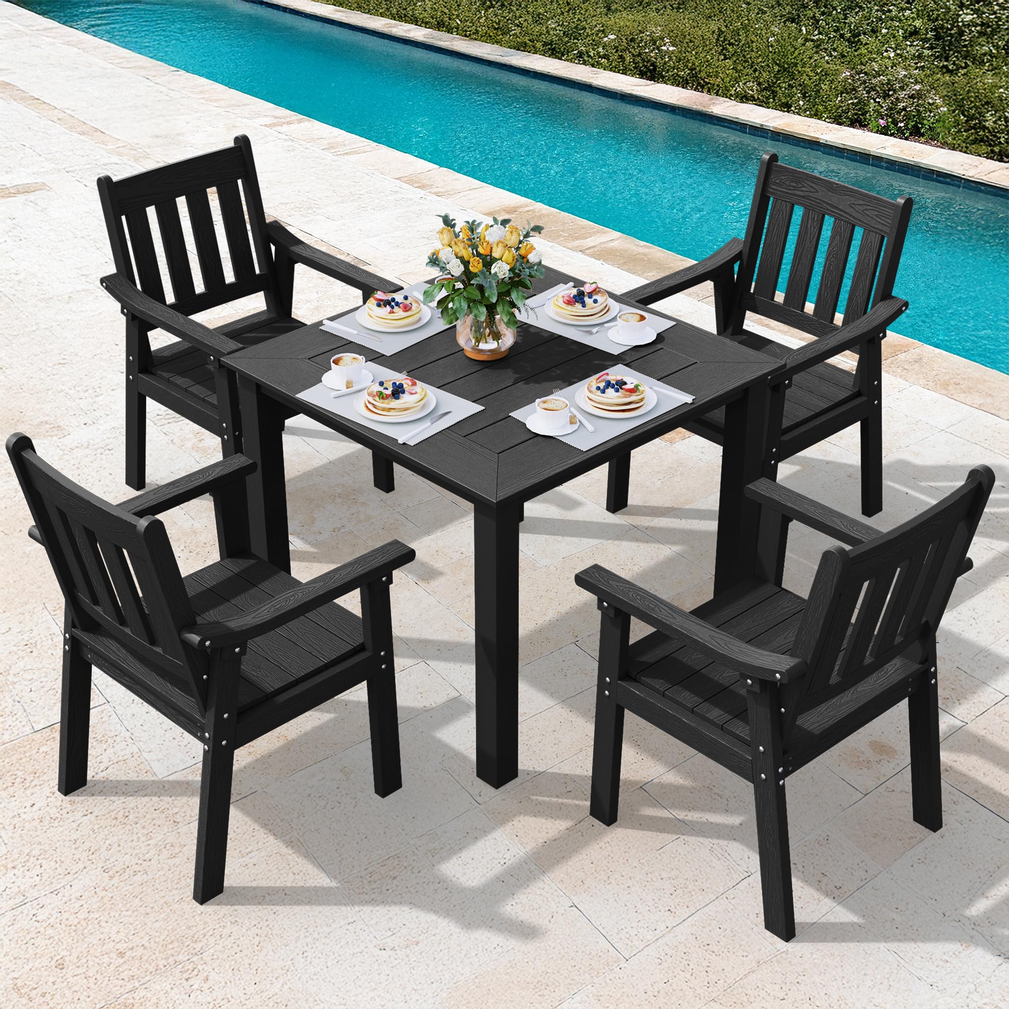 YEFU HIPS Patio Table Set: 7 Piece Outdoor Table and Chairs Dining Furniture Set with Umbrella Hole - Teak Modern Plastic Dining Sets 6 Person for Outside Deck with Metal Aluminum Frame