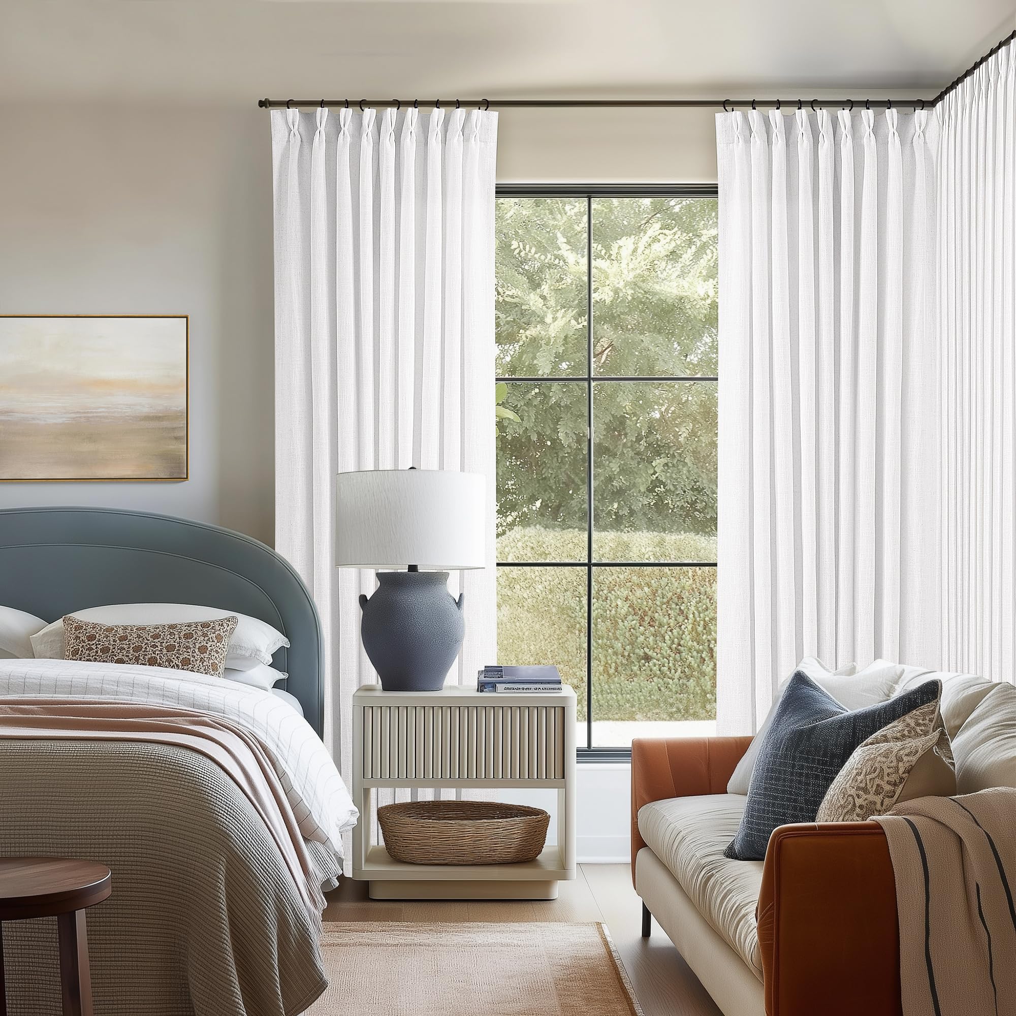 Pinch Pleated Linen Curtains 108 Inches Long for Living Room 2 Panels Set Cream Ivory Flax Double Pleated Drapes Back Tab Neutral Boho Ceiling Floor 108 Inch Window Curtains Bedroom Natural Birch