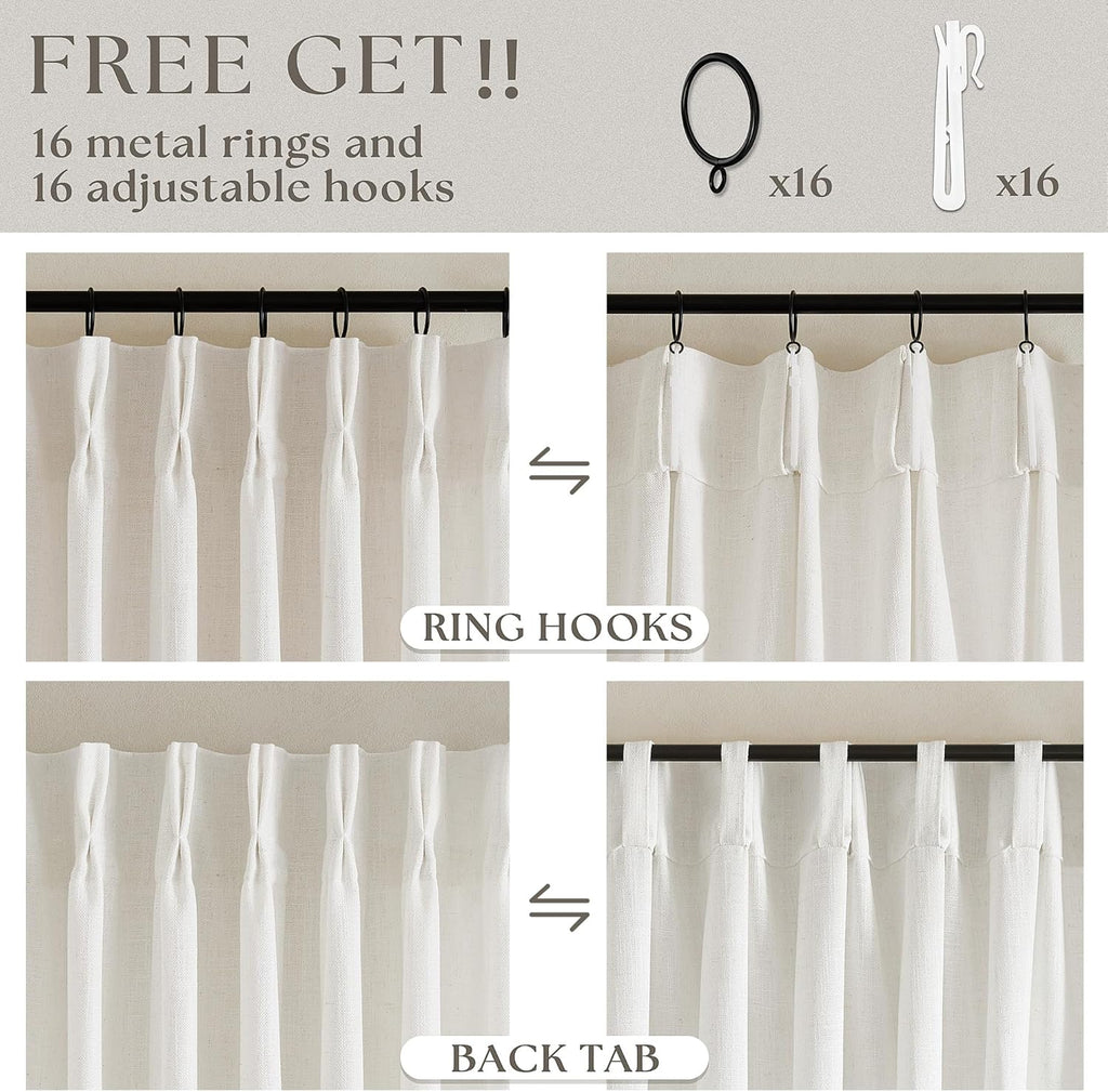 Pinch Pleated Linen Curtains 108 Inches Long for Living Room 2 Panels Set Cream Ivory Flax Double Pleated Drapes Back Tab Neutral Boho Ceiling Floor 108 Inch Window Curtains Bedroom Natural Birch